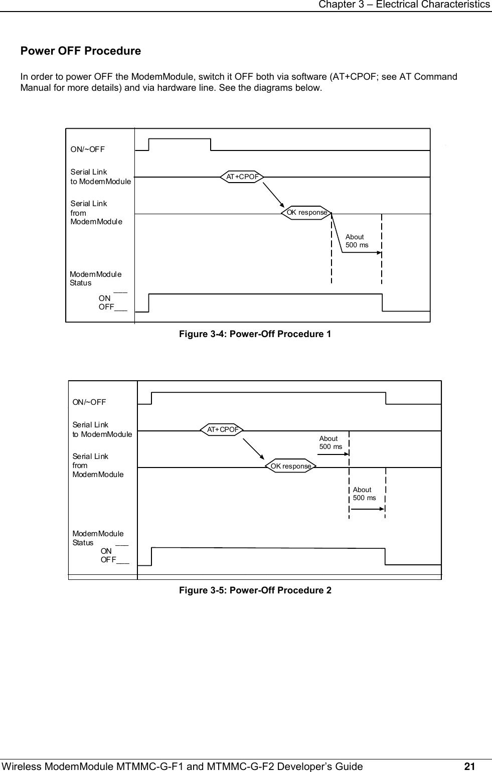 Chapter 3 – Electrical CharacteristicsWireless ModemModule MTMMC-G-F1 and MTMMC-G-F2 Developer’s Guide     21Power OFF ProcedureIn order to power OFF the ModemModule, switch it OFF both via software (AT+CPOF; see AT CommandManual for more details) and via hardware line. See the diagrams below.ON/~OFFAT +C P O FSerial Linkto ModemModuleOK res p o nseSerial LinkfromModem ModuleAbout500 msMo de m Mod ul eStat u s        ___ONOFF___Figure 3-4: Power-Off Procedure 1ON /~ O FFAT+ CP O FSeria l Li nkto ModemModuleOK responseSeria l Li nkfromModemModule       ___ONOF F__ _About500 msModemModuleStat usAbout500 msFigure 3-5: Power-Off Procedure 2