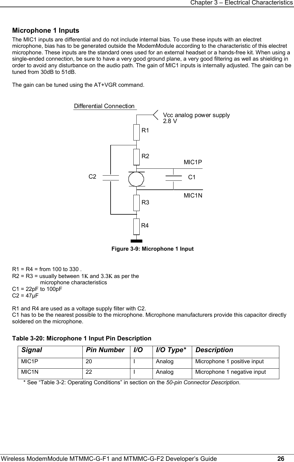 Chapter 3 – Electrical CharacteristicsWireless ModemModule MTMMC-G-F1 and MTMMC-G-F2 Developer’s Guide     26Microphone 1 InputsThe MIC1 inputs are differential and do not include internal bias. To use these inputs with an electretmicrophone, bias has to be generated outside the ModemModule according to the characteristic of this electretmicrophone. These inputs are the standard ones used for an external headset or a hands-free kit. When using asingle-ended connection, be sure to have a very good ground plane, a very good filtering as well as shielding inorder to avoid any disturbance on the audio path. The gain of MIC1 inputs is internally adjusted. The gain can betuned from 30dB to 51dB.The gain can be tuned using the AT+VGR command.C1C2R1R2R3R4Vcc analog power supply2.8 VMIC1PMIC1NDifferential ConnectionFigure 3-9: Microphone 1 InputR1 = R4 = from 100 to 330 .R2 = R3 = usually between 1K and 3.3K as per themicrophone characteristicsC1 = 22pF to 100pFC2 = 47µFR1 and R4 are used as a voltage supply filter with C2.C1 has to be the nearest possible to the microphone. Microphone manufacturers provide this capacitor directlysoldered on the microphone.Table 3-20: Microphone 1 Input Pin DescriptionSignal Pin Number I/O I/O Type* DescriptionMIC1P 20 I Analog Microphone 1 positive inputMIC1N 22 I Analog Microphone 1 negative input* See “Table 3-2: Operating Conditions” in section on the 50-pin Connector Description.