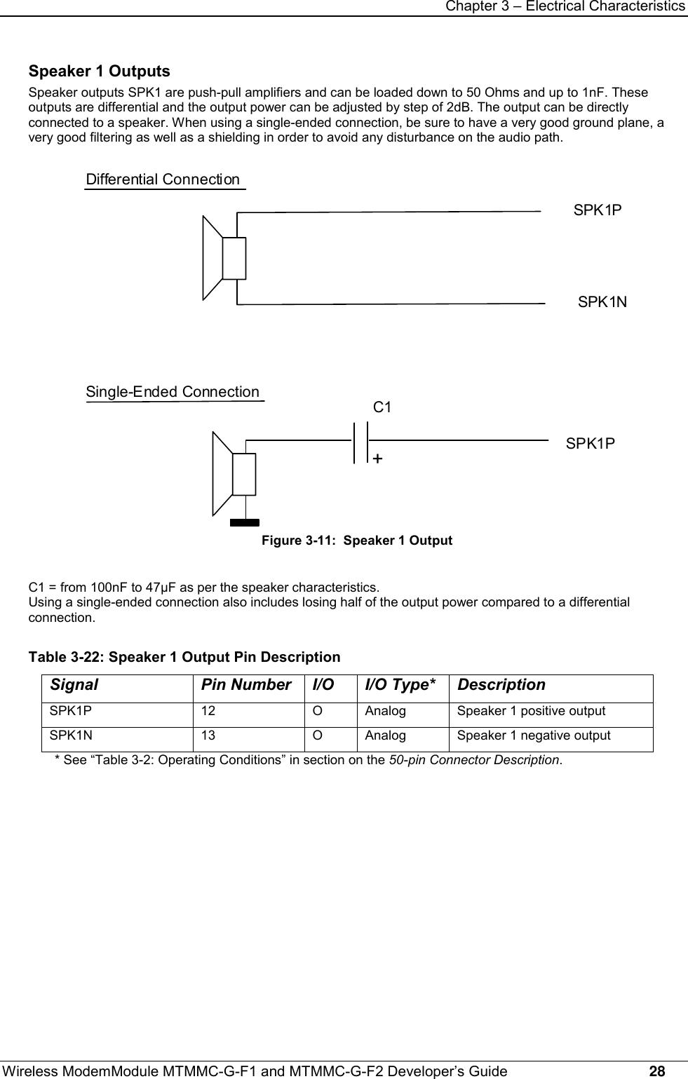 Chapter 3 – Electrical CharacteristicsWireless ModemModule MTMMC-G-F1 and MTMMC-G-F2 Developer’s Guide     28Speaker 1 OutputsSpeaker outputs SPK1 are push-pull amplifiers and can be loaded down to 50 Ohms and up to 1nF. Theseoutputs are differential and the output power can be adjusted by step of 2dB. The output can be directlyconnected to a speaker. When using a single-ended connection, be sure to have a very good ground plane, avery good filtering as well as a shielding in order to avoid any disturbance on the audio path.SPK1P+C1Differential ConnectionSPK1PSPK1NSingle-Ended ConnectionFigure 3-11:  Speaker 1 OutputC1 = from 100nF to 47µF as per the speaker characteristics.Using a single-ended connection also includes losing half of the output power compared to a differentialconnection.Table 3-22: Speaker 1 Output Pin DescriptionSignal Pin Number I/O I/O Type* DescriptionSPK1P 12 O Analog Speaker 1 positive outputSPK1N 13 O Analog Speaker 1 negative output* See “Table 3-2: Operating Conditions” in section on the 50-pin Connector Description.