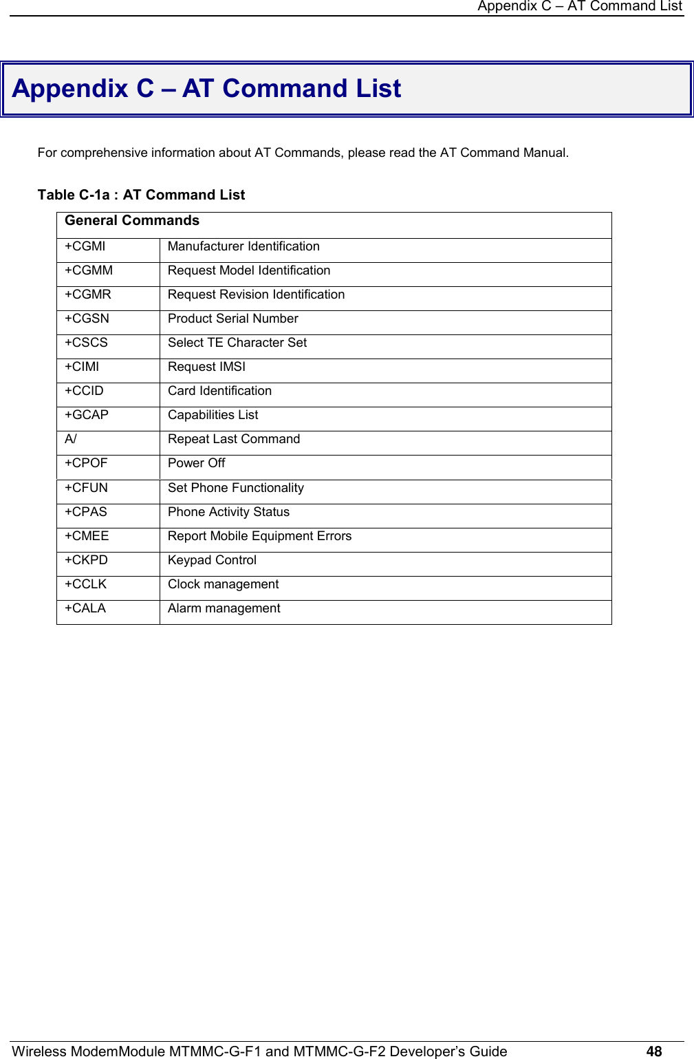 Appendix C – AT Command ListWireless ModemModule MTMMC-G-F1 and MTMMC-G-F2 Developer’s Guide     48Appendix C – AT Command ListFor comprehensive information about AT Commands, please read the AT Command Manual.Table C-1a : AT Command ListGeneral Commands+CGMI Manufacturer Identification+CGMM Request Model Identification+CGMR Request Revision Identification+CGSN Product Serial Number+CSCS Select TE Character Set+CIMI Request IMSI+CCID Card Identification+GCAP Capabilities ListA/ Repeat Last Command+CPOF Power Off+CFUN Set Phone Functionality+CPAS Phone Activity Status+CMEE Report Mobile Equipment Errors+CKPD Keypad Control+CCLK Clock management+CALA Alarm management