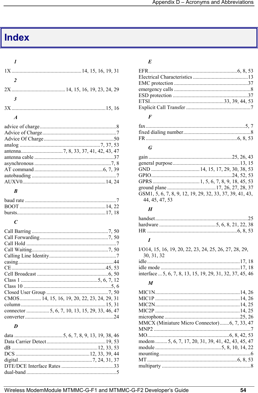 Appendix D – Acronyms and AbbreviationsWireless ModemModule MTMMC-G-F1 and MTMMC-G-F2 Developer’s Guide     54Index11X ....................................................14, 15, 16, 19, 3122X ........................................ 14, 15, 16, 19, 23, 24, 2933X ......................................................................15, 16Aadvice of charge.........................................................8Advice of Charge.......................................................7Advice Of Charge....................................................50analog ............................................................7, 37, 53antenna...............................7, 8, 33, 37, 41, 42, 43, 47antenna cable ...........................................................37asynchronous .........................................................7, 8AT command ...................................................6, 7, 39autobauding ...............................................................7AUXV0..............................................................14, 24Bbaud rate ....................................................................7BOOT ................................................................14, 22bursts..................................................................17, 18CCall Barring .........................................................7, 50Call Forwarding...................................................7, 50Call Hold ...................................................................7Call Waiting.........................................................7, 50Calling Line Identity..................................................7casing.......................................................................44CE......................................................................45, 53Cell Broadcast .....................................................6, 50Class 1 .........................................................5, 6, 7, 12Class 10 .................................................................5, 6Closed User Group ..............................................7, 50CMOS................ 14, 15, 16, 19, 20, 22, 23, 24, 29, 31column ...............................................................15, 31connector .................5, 6, 7, 10, 13, 15, 29, 33, 46, 47converter ..................................................................24Ddata ....................................5, 6, 7, 8, 9, 13, 19, 38, 46Data Carrier Detect............................................19, 53dB ................................................................12, 33, 53DCS .......................................................12, 33, 39, 44digital.......................................................7, 24, 31, 37DTE/DCE Interface Rates .......................................33dual-band ...................................................................5EEFR..................................................................6, 8, 53Electrical Characteristics .........................................13EMC protection .......................................................37emergency calls .........................................................8ESD protection ........................................................37ETSI.......................................................33, 39, 44, 53Explicit Call Transfer ................................................7Ffax..........................................................................5, 7fixed dialing number..................................................8FR ....................................................................6, 8, 53Ggain ..............................................................25, 26, 43general purpose..................................................13, 15GND ....................................14, 15, 17, 29, 30, 38, 53GPIO............................................................24, 52, 53GPRS ...................................1, 5, 6, 7, 8, 9, 18, 45, 53ground plane ....................................17, 26, 27, 28, 37GSM1, 5, 6, 7, 8, 9, 12, 19, 29, 32, 33, 37, 39, 41, 43,44, 45, 47, 53Hhandset.....................................................................25hardware ..........................................5, 6, 8, 21, 22, 38HR ...................................................................6, 8, 53II/O14, 15, 16, 19, 20, 22, 23, 24, 25, 26, 27, 28, 29,30, 31, 32idle .....................................................................17, 18idle mode ...........................................................17, 18interface ... 5, 6, 7, 8, 13, 15, 19, 29, 31, 32, 37, 45, 46MMIC1N...............................................................14, 26MIC1P ...............................................................14, 26MIC2N...............................................................14, 25MIC2P ...............................................................14, 25microphone ........................................................25, 26MMCX (Miniature Micro Connector) .......6, 7, 33, 47MNP2 ........................................................................7MO.............................................................6, 8, 42, 53modem ......... 5, 6, 7, 17, 20, 31, 39, 41, 42, 43, 45, 47module .................................................5, 8, 10, 14, 22mounting....................................................................6MT ...................................................................6, 8, 53multiparty ..................................................................8