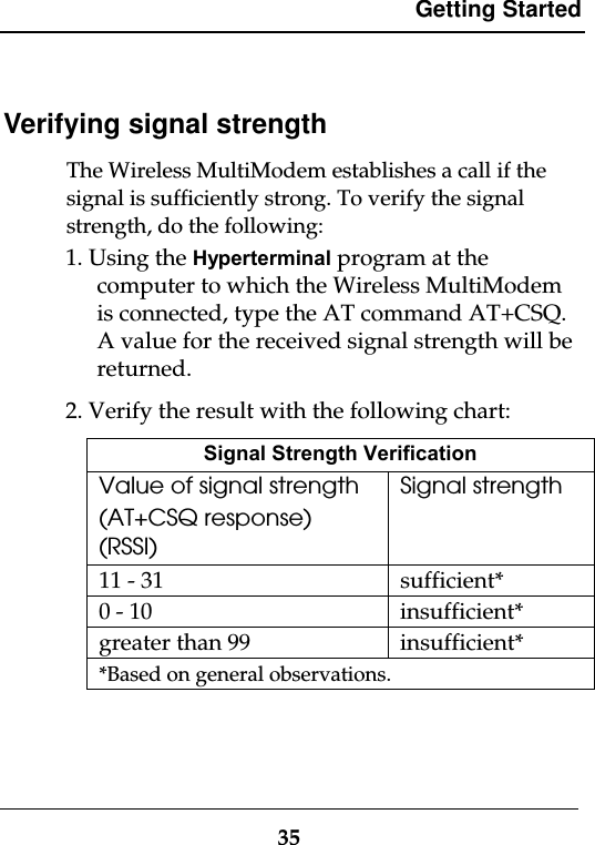 Getting Started35Verifying signal strengthThe Wireless MultiModem establishes a call if thesignal is sufficiently strong. To verify the signalstrength, do the following:1. Using the Hyperterminal program at thecomputer to which the Wireless MultiModemis connected, type the AT command AT+CSQ.A value for the received signal strength will bereturned.2. Verify the result with the following chart:Signal Strength VerificationValue of signal strength(AT+CSQ response)(RSSI)Signal strength11 - 31 sufficient*0 - 10 insufficient*greater than 99 insufficient**Based on general observations.