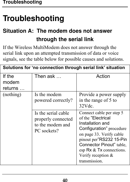 Troubleshooting40TroubleshootingSituation A:  The modem does not answerthrough the serial linkIf the Wireless MultiModem does not answer through theserial link upon an attempted transmission of data or voicesignals, see the table below for possible causes and solutions.Solutions for ‘no connection through serial link’ situationIf themodemreturns …Then ask … ActionIs the modempowered correctly?Provide a power supplyin the range of 5 to32Vdc.(nothing)Is the serial cableproperly connectedto the modem andPC sockets?Connect cable per step 5of the ”ElectricalInstallation andConfiguration” procedureon page 33. Verify cablepinout per”RS232 15-PinConnector Pinout” table,esp Rx &amp; Tx connections.Verify reception &amp;transmission.