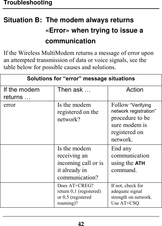 Troubleshooting42Situation B:  The modem always returns«Error» when trying to issue acommunicationIf the Wireless MultiModem returns a message of error uponan attempted transmission of data or voice signals, see thetable below for possible causes and solutions.Solutions for “error” message situationsIf the modemreturns …Then ask … Actionerror Is the modemregistered on thenetwork?Follow “Verifyingnetwork registration”procedure to besure modem isregistered onnetwork.Is the modemreceiving anincoming call or isit already incommunication?End anycommunicationusing the ATHcommand.Does AT+CREG?return 0,1 (registered)or 0,5 (registeredroaming)?If not, check foradequate signalstrength on network.Use AT+CSQ.