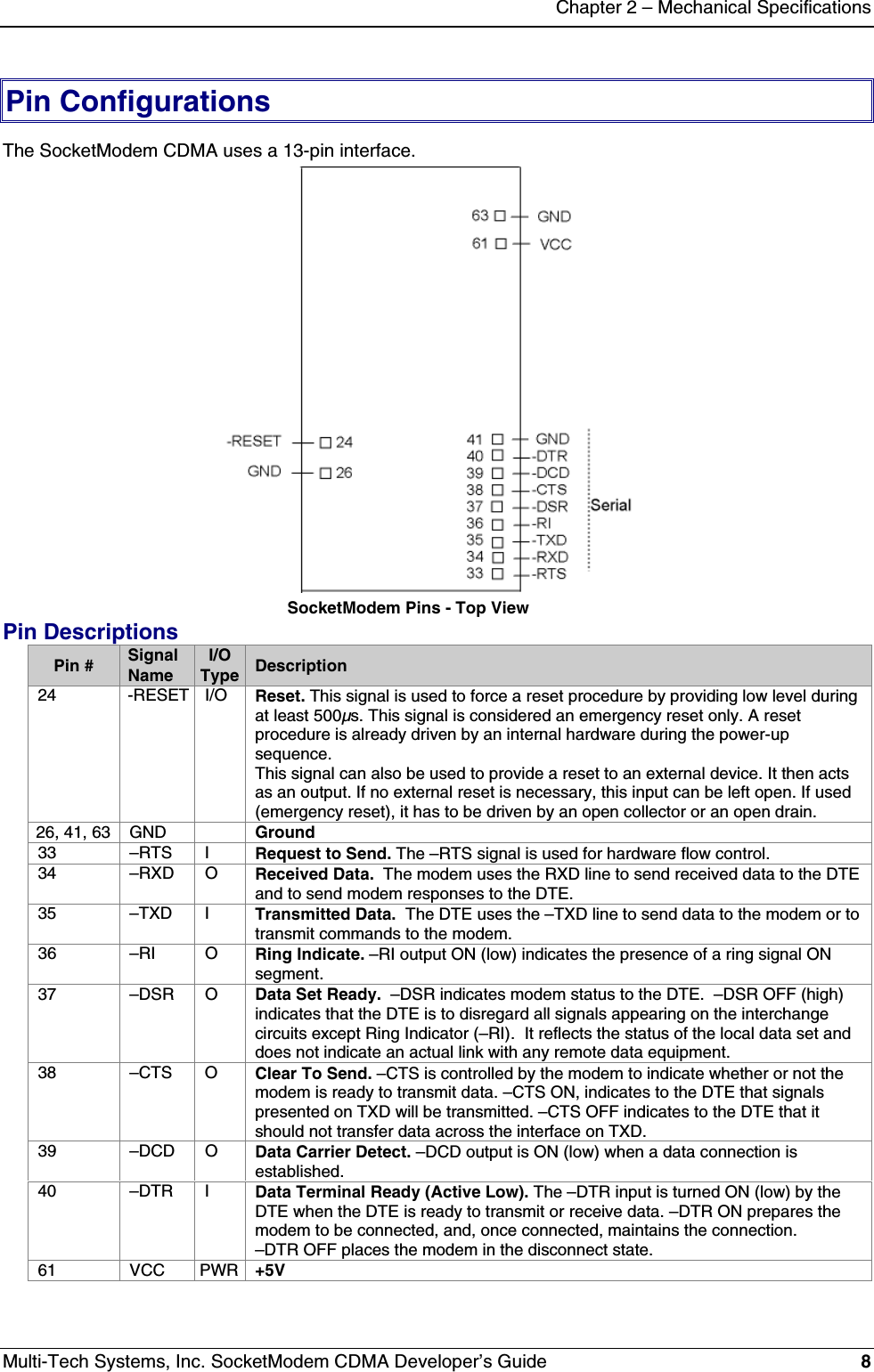 Chapter 2 – Mechanical SpecificationsMulti-Tech Systems, Inc. SocketModem CDMA Developer’s Guide 8Pin ConfigurationsThe SocketModem CDMA uses a 13-pin interface.SocketModem Pins - Top ViewPin DescriptionsPin # SignalNameI/OType Description24 -RESET I/O Reset. This signal is used to force a reset procedure by providing low level duringat least 500µs. This signal is considered an emergency reset only. A resetprocedure is already driven by an internal hardware during the power-upsequence.This signal can also be used to provide a reset to an external device. It then actsas an output. If no external reset is necessary, this input can be left open. If used(emergency reset), it has to be driven by an open collector or an open drain.26, 41, 63 GND Ground33 –RTS I Request to Send. The –RTS signal is used for hardware flow control.34 –RXD O Received Data.  The modem uses the RXD line to send received data to the DTEand to send modem responses to the DTE.35 –TXD I Transmitted Data.  The DTE uses the –TXD line to send data to the modem or totransmit commands to the modem.36 –RI O Ring Indicate. –RI output ON (low) indicates the presence of a ring signal ONsegment.37 –DSR O Data Set Ready.  –DSR indicates modem status to the DTE.  –DSR OFF (high)indicates that the DTE is to disregard all signals appearing on the interchangecircuits except Ring Indicator (–RI).  It reflects the status of the local data set anddoes not indicate an actual link with any remote data equipment.38 –CTS O Clear To Send. –CTS is controlled by the modem to indicate whether or not themodem is ready to transmit data. –CTS ON, indicates to the DTE that signalspresented on TXD will be transmitted. –CTS OFF indicates to the DTE that itshould not transfer data across the interface on TXD.39 –DCD O Data Carrier Detect. –DCD output is ON (low) when a data connection isestablished.40 –DTR I Data Terminal Ready (Active Low). The –DTR input is turned ON (low) by theDTE when the DTE is ready to transmit or receive data. –DTR ON prepares themodem to be connected, and, once connected, maintains the connection.–DTR OFF places the modem in the disconnect state.61 VCC PWR +5V