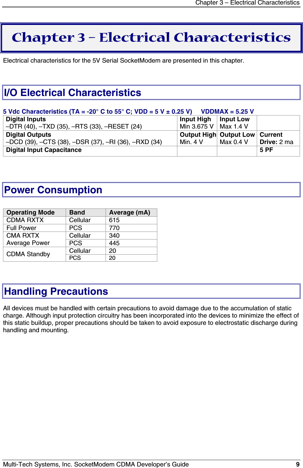 Chapter 3 – Electrical CharacteristicsMulti-Tech Systems, Inc. SocketModem CDMA Developer’s Guide 9Chapter 3 – Electrical CharacteristicsElectrical characteristics for the 5V Serial SocketModem are presented in this chapter.I/O Electrical Characteristics5 Vdc Characteristics (TA = -20° C to 55° C; VDD = 5 V ± 0.25 V)     VDDMAX = 5.25 VDigital Inputs–DTR (40), –TXD (35), –RTS (33), –RESET (24)Input HighMin 3.675 VInput LowMax 1.4 VDigital Outputs–DCD (39), –CTS (38), –DSR (37), –RI (36), –RXD (34)Output HighMin. 4 VOutput LowMax 0.4 VCurrentDrive: 2 maDigital Input Capacitance 5 PFPower ConsumptionOperating Mode Band Average (mA)CDMA RXTX Cellular 615Full Power PCS 770Cellular 340CMA RXTXAverage Power PCS 445Cellular 20CDMA Standby PCS 20Handling PrecautionsAll devices must be handled with certain precautions to avoid damage due to the accumulation of staticcharge. Although input protection circuitry has been incorporated into the devices to minimize the effect ofthis static buildup, proper precautions should be taken to avoid exposure to electrostatic discharge duringhandling and mounting.