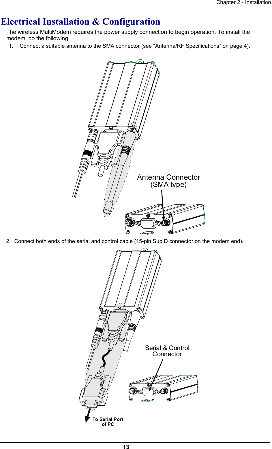 Chapter 2 - Installation13Electrical Installation &amp; Configuration The wireless MultiModem requires the power supply connection to begin operation. To install themodem, do the following:1.  Connect a suitable antenna to the SMA connector (see “Antenna/RF Specifications” on page 4).Antenna Connector(SMA type)2.  Connect both ends of the serial and control cable (15-pin Sub D connector on the modem end).Serial &amp; ControlConnectorTo Serial Portof PC