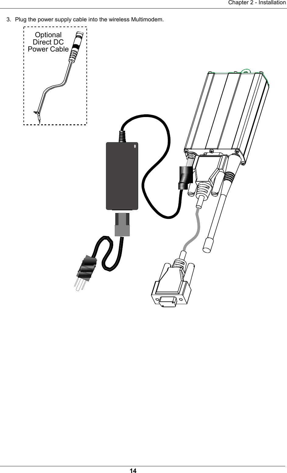 Chapter 2 - Installation143.  Plug the power supply cable into the wireless Multimodem.OptionalDirect DCPower Cable