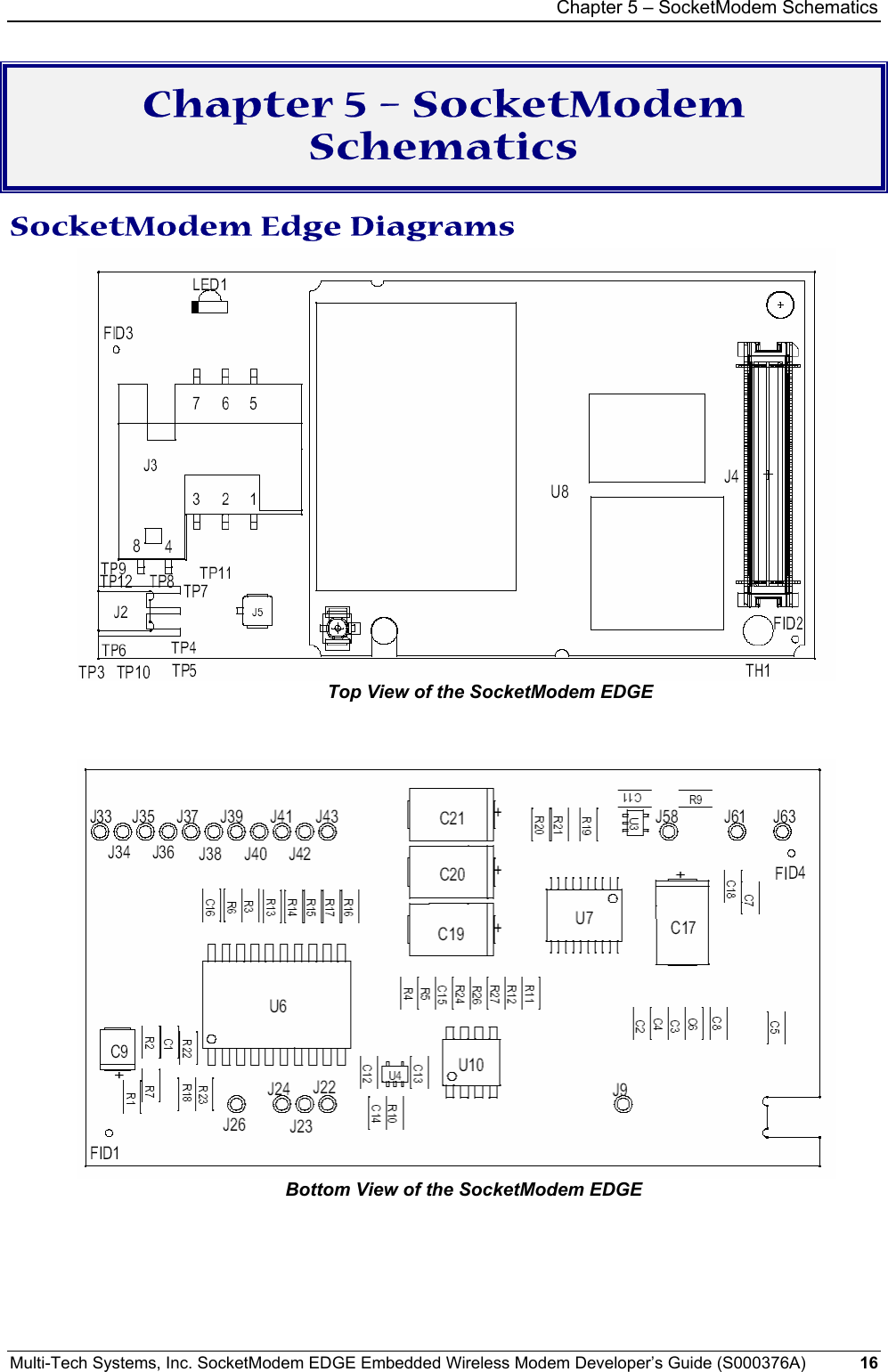 Chapter 5 – SocketModem Schematics Multi-Tech Systems, Inc. SocketModem EDGE Embedded Wireless Modem Developer’s Guide (S000376A)  16      Chapter 5 – SocketModem Schematics  SocketModem Edge Diagrams  Top View of the SocketModem EDGE     Bottom View of the SocketModem EDGE