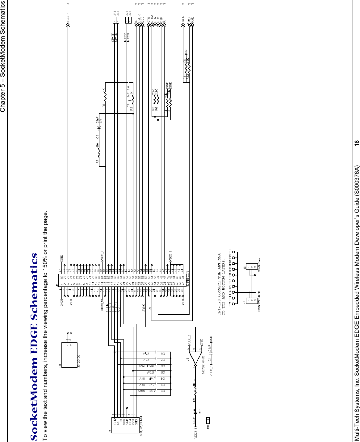 Chapter 5 – SocketModem Schematics Multi-Tech Systems, Inc. SocketModem EDGE Embedded Wireless Modem Developer’s Guide (S000376A)  18     SocketModem EDGE Schematics To view the text and numbers, increase the viewing percentage to 150% or print the page.                                                