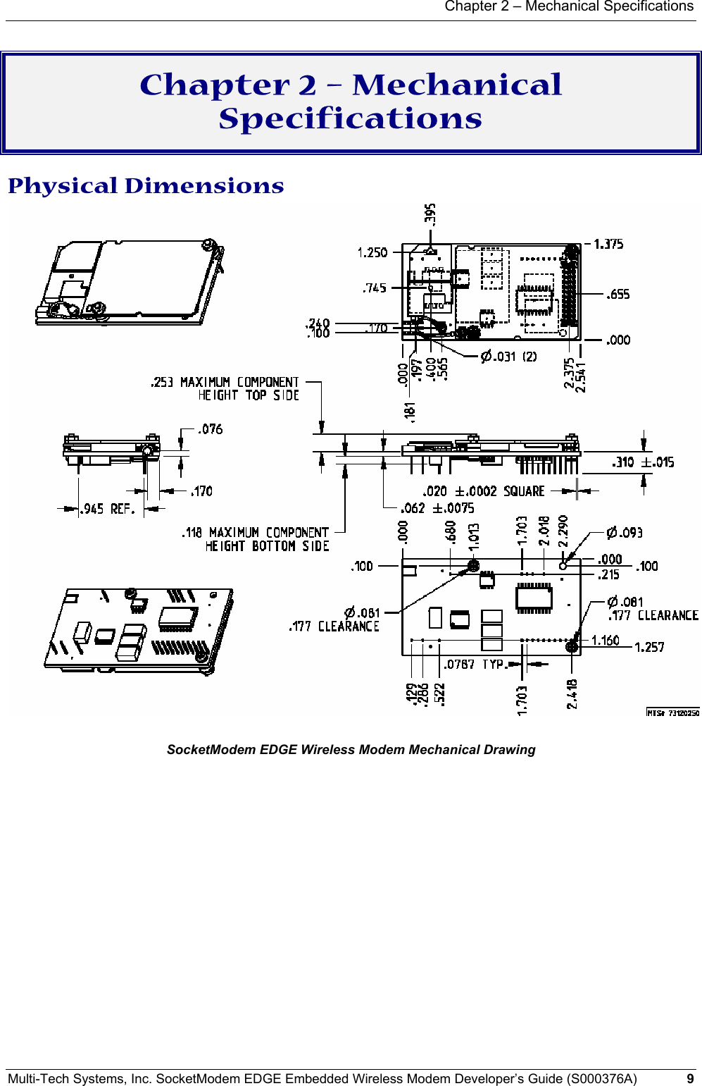 Chapter 2 – Mechanical Specifications Multi-Tech Systems, Inc. SocketModem EDGE Embedded Wireless Modem Developer’s Guide (S000376A)  9      Chapter 2 – Mechanical Specifications  Physical Dimensions   SocketModem EDGE Wireless Modem Mechanical Drawing  