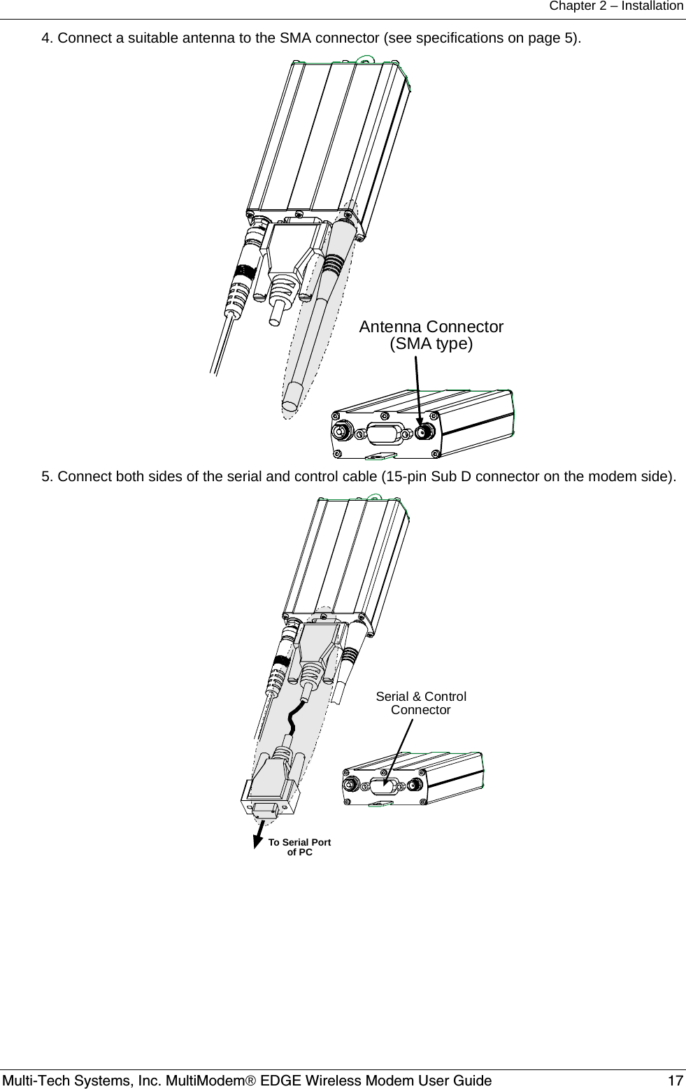 Chapter 2 – Installation  Multi-Tech Systems, Inc. MultiModem® EDGE Wireless Modem User Guide  17 4. Connect a suitable antenna to the SMA connector (see specifications on page 5). Antenna Connector(SMA type) 5. Connect both sides of the serial and control cable (15-pin Sub D connector on the modem side). Serial &amp; ControlConnectorTo Serial Portof PC 