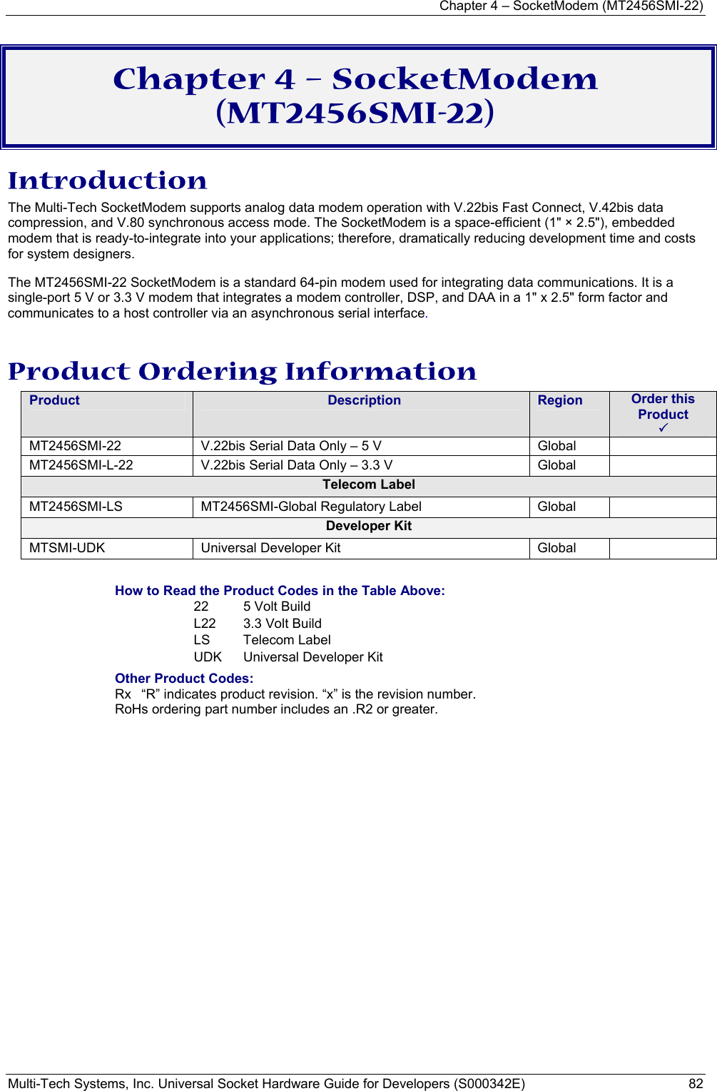 Chapter 4 – SocketModem (MT2456SMI-22) Multi-Tech Systems, Inc. Universal Socket Hardware Guide for Developers (S000342E)  82  Chapter 4 – SocketModem (MT2456SMI-22) Introduction The Multi-Tech SocketModem supports analog data modem operation with V.22bis Fast Connect, V.42bis data compression, and V.80 synchronous access mode. The SocketModem is a space-efficient (1&quot; × 2.5&quot;), embedded modem that is ready-to-integrate into your applications; therefore, dramatically reducing development time and costs for system designers.  The MT2456SMI-22 SocketModem is a standard 64-pin modem used for integrating data communications. It is a single-port 5 V or 3.3 V modem that integrates a modem controller, DSP, and DAA in a 1&quot; x 2.5&quot; form factor and communicates to a host controller via an asynchronous serial interface.  Product Ordering Information Product  Description  Region  Order this Product  3 MT2456SMI-22  V.22bis Serial Data Only – 5 V          Global   MT2456SMI-L-22  V.22bis Serial Data Only – 3.3 V        Global   Telecom Label MT2456SMI-LS  MT2456SMI-Global Regulatory Label  Global   Developer Kit MTSMI-UDK  Universal Developer Kit  Global    How to Read the Product Codes in the Table Above: 22  5 Volt Build L22  3.3 Volt Build LS Telecom Label UDK  Universal Developer Kit Other Product Codes: Rx  “R” indicates product revision. “x” is the revision number. RoHs ordering part number includes an .R2 or greater.     