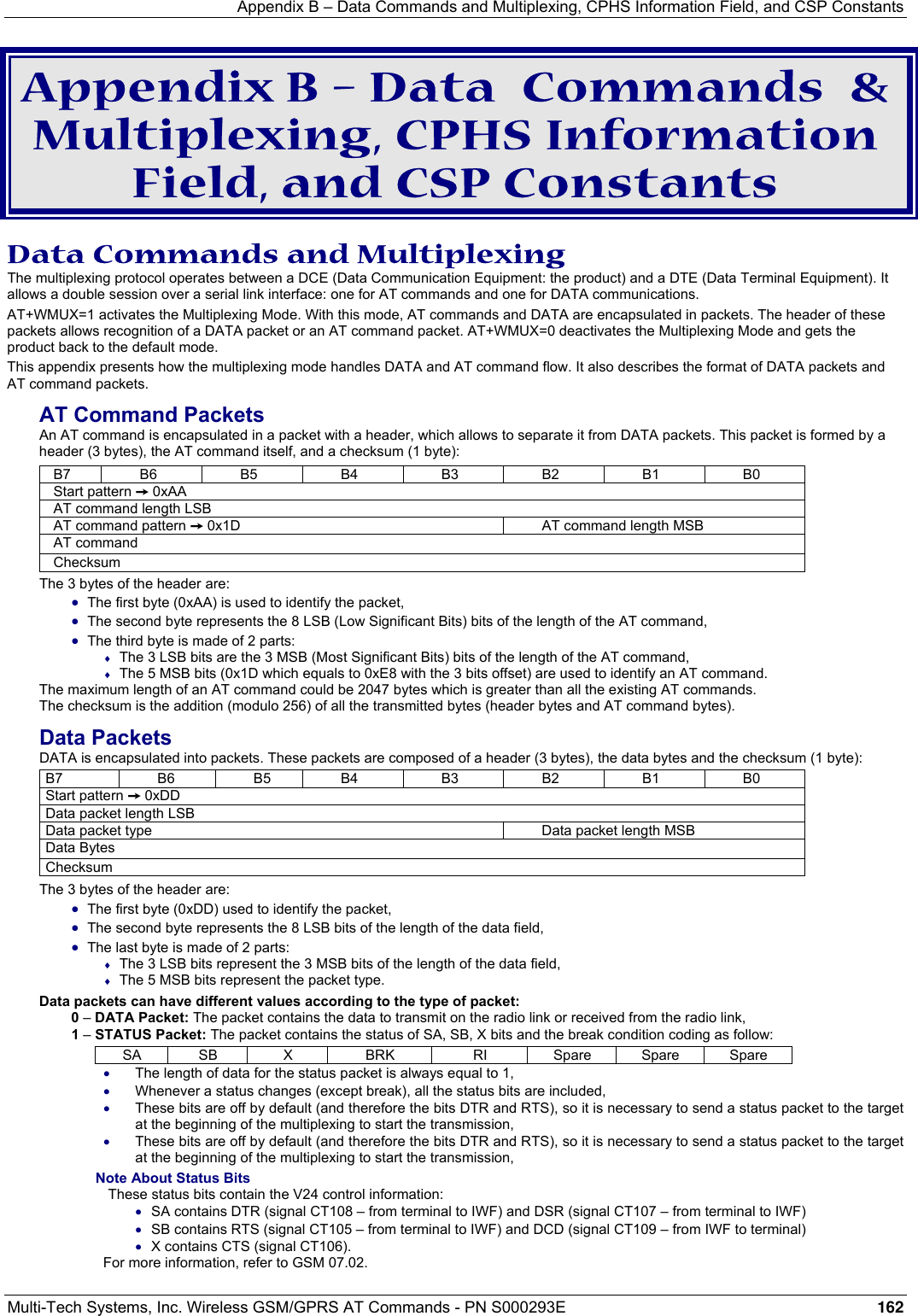 Appendix B – Data Commands and Multiplexing, CPHS Information Field, and CSP Constants Multi-Tech Systems, Inc. Wireless GSM/GPRS AT Commands - PN S000293E 162  Appendix B – Data  Commands  &amp; Multiplexing, CPHS Information Field, and CSP Constants  Data Commands and Multiplexing The multiplexing protocol operates between a DCE (Data Communication Equipment: the product) and a DTE (Data Terminal Equipment). It allows a double session over a serial link interface: one for AT commands and one for DATA communications. AT+WMUX=1 activates the Multiplexing Mode. With this mode, AT commands and DATA are encapsulated in packets. The header of these packets allows recognition of a DATA packet or an AT command packet. AT+WMUX=0 deactivates the Multiplexing Mode and gets the product back to the default mode. This appendix presents how the multiplexing mode handles DATA and AT command flow. It also describes the format of DATA packets and AT command packets. AT Command Packets An AT command is encapsulated in a packet with a header, which allows to separate it from DATA packets. This packet is formed by a header (3 bytes), the AT command itself, and a checksum (1 byte): B7 B6 B5 B4 B3 B2 B1 B0 Start pattern ¨ 0xAA AT command length LSB AT command pattern ¨ 0x1D  AT command length MSB AT command Checksum The 3 bytes of the header are: • The first byte (0xAA) is used to identify the packet, • The second byte represents the 8 LSB (Low Significant Bits) bits of the length of the AT command, • The third byte is made of 2 parts: ♦ The 3 LSB bits are the 3 MSB (Most Significant Bits) bits of the length of the AT command, ♦ The 5 MSB bits (0x1D which equals to 0xE8 with the 3 bits offset) are used to identify an AT command. The maximum length of an AT command could be 2047 bytes which is greater than all the existing AT commands.  The checksum is the addition (modulo 256) of all the transmitted bytes (header bytes and AT command bytes). Data Packets DATA is encapsulated into packets. These packets are composed of a header (3 bytes), the data bytes and the checksum (1 byte): B7  B6 B5 B4 B3 B2 B1 B0 Start pattern ¨ 0xDD Data packet length LSB Data packet type  Data packet length MSB Data Bytes Checksum The 3 bytes of the header are: • The first byte (0xDD) used to identify the packet, • The second byte represents the 8 LSB bits of the length of the data field, • The last byte is made of 2 parts: ♦ The 3 LSB bits represent the 3 MSB bits of the length of the data field, ♦ The 5 MSB bits represent the packet type. Data packets can have different values according to the type of packet: 0 – DATA Packet: The packet contains the data to transmit on the radio link or received from the radio link, 1 – STATUS Packet: The packet contains the status of SA, SB, X bits and the break condition coding as follow: SA  SB  X  BRK  RI  Spare Spare Spare • The length of data for the status packet is always equal to 1, • Whenever a status changes (except break), all the status bits are included, • These bits are off by default (and therefore the bits DTR and RTS), so it is necessary to send a status packet to the target at the beginning of the multiplexing to start the transmission, • These bits are off by default (and therefore the bits DTR and RTS), so it is necessary to send a status packet to the target at the beginning of the multiplexing to start the transmission, Note About Status Bits  These status bits contain the V24 control information: • SA contains DTR (signal CT108 – from terminal to IWF) and DSR (signal CT107 – from terminal to IWF) • SB contains RTS (signal CT105 – from terminal to IWF) and DCD (signal CT109 – from IWF to terminal) • X contains CTS (signal CT106). For more information, refer to GSM 07.02. 