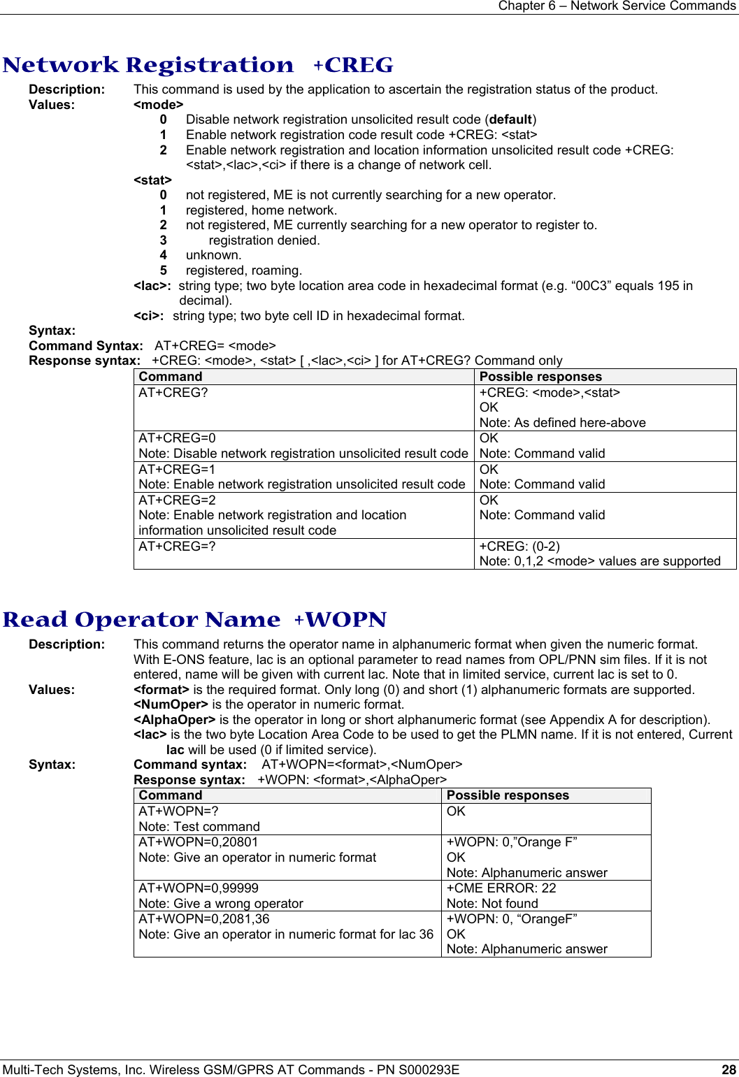Chapter 6 – Network Service Commands   Multi-Tech Systems, Inc. Wireless GSM/GPRS AT Commands - PN S000293E 28  Network Registration   +CREG Description:  This command is used by the application to ascertain the registration status of the product. Values: &lt;mode&gt;  0  Disable network registration unsolicited result code (default) 1   Enable network registration code result code +CREG: &lt;stat&gt; 2   Enable network registration and location information unsolicited result code +CREG: &lt;stat&gt;,&lt;lac&gt;,&lt;ci&gt; if there is a change of network cell. &lt;stat&gt;  0   not registered, ME is not currently searching for a new operator. 1   registered, home network. 2   not registered, ME currently searching for a new operator to register to. 3   registration denied. 4   unknown. 5   registered, roaming. &lt;lac&gt;:  string type; two byte location area code in hexadecimal format (e.g. “00C3” equals 195 in decimal). &lt;ci&gt;:  string type; two byte cell ID in hexadecimal format. Syntax:  Command Syntax:   AT+CREG= &lt;mode&gt; Response syntax:   +CREG: &lt;mode&gt;, &lt;stat&gt; [ ,&lt;lac&gt;,&lt;ci&gt; ] for AT+CREG? Command only Command  Possible responses AT+CREG?  +CREG: &lt;mode&gt;,&lt;stat&gt; OK Note: As defined here-above AT+CREG=0 Note: Disable network registration unsolicited result codeOK Note: Command valid AT+CREG=1 Note: Enable network registration unsolicited result code OK Note: Command valid AT+CREG=2 Note: Enable network registration and location information unsolicited result code OK Note: Command valid AT+CREG=? +CREG: (0-2) Note: 0,1,2 &lt;mode&gt; values are supported   Read Operator Name  +WOPN Description:  This command returns the operator name in alphanumeric format when given the numeric format.   With E-ONS feature, lac is an optional parameter to read names from OPL/PNN sim files. If it is not entered, name will be given with current lac. Note that in limited service, current lac is set to 0. Values:    &lt;format&gt; is the required format. Only long (0) and short (1) alphanumeric formats are supported.  &lt;NumOper&gt; is the operator in numeric format.  &lt;AlphaOper&gt; is the operator in long or short alphanumeric format (see Appendix A for description).  &lt;lac&gt; is the two byte Location Area Code to be used to get the PLMN name. If it is not entered, Current   lac will be used (0 if limited service). Syntax: Command syntax:    AT+WOPN=&lt;format&gt;,&lt;NumOper&gt;  Response syntax:   +WOPN: &lt;format&gt;,&lt;AlphaOper&gt; Command  Possible responses AT+WOPN=? Note: Test command OK   AT+WOPN=0,20801 Note: Give an operator in numeric format +WOPN: 0,”Orange F” OK Note: Alphanumeric answer AT+WOPN=0,99999 Note: Give a wrong operator +CME ERROR: 22 Note: Not found AT+WOPN=0,2081,36 Note: Give an operator in numeric format for lac 36 +WOPN: 0, “OrangeF” OK Note: Alphanumeric answer  