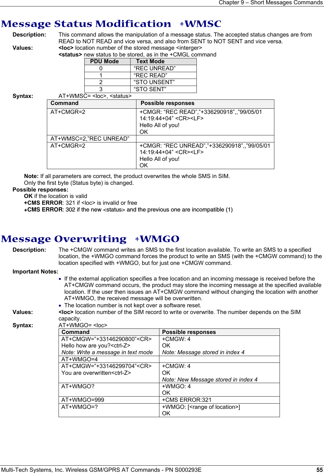 Chapter 9 – Short Messages Commands  Multi-Tech Systems, Inc. Wireless GSM/GPRS AT Commands - PN S000293E 55  Message Status Modification   +WMSC Description:   This command allows the manipulation of a message status. The accepted status changes are from READ to NOT READ and vice versa, and also from SENT to NOT SENT and vice versa. Values: &lt;loc&gt; location number of the stored message &lt;interger&gt;  &lt;status&gt; new status to be stored, as in the +CMGL command PDU Mode  Text Mode 0   “REC UNREAD” 1   “REC READ” 2   “STO UNSENT” 3 “STO SENT” Syntax:     AT+WMSC= &lt;loc&gt;, &lt;status&gt; Command  Possible responses AT+CMGR=2 +CMGR: “REC READ”,”+336290918”,,”99/05/01  14:19:44+04” &lt;CR&gt;&lt;LF&gt; Hello All of you! OK AT+WMSC=2,”REC UNREAD”   AT+CMGR=2  +CMGR: “REC UNREAD”,”+336290918”,,”99/05/01  14:19:44+04” &lt;CR&gt;&lt;LF&gt; Hello All of you! OK Note: If all parameters are correct, the product overwrites the whole SMS in SIM.  Only the first byte (Status byte) is changed. Possible responses: OK if the location is valid +CMS ERROR: 321 if &lt;loc&gt; is invalid or free +CMS ERROR: 302 if the new &lt;status&gt; and the previous one are incompatible (1)   Message Overwriting   +WMGO Description:  The +CMGW command writes an SMS to the first location available. To write an SMS to a specified location, the +WMGO command forces the product to write an SMS (with the +CMGW command) to the location specified with +WMGO, but for just one +CMGW command.    Important Notes: • If the external application specifies a free location and an incoming message is received before the AT+CMGW command occurs, the product may store the incoming message at the specified available location. If the user then issues an AT+CMGW command without changing the location with another AT+WMGO, the received message will be overwritten. • The location number is not kept over a software reset. Values:    &lt;loc&gt; location number of the SIM record to write or overwrite. The number depends on the SIM capacity.  Syntax:    AT+WMGO= &lt;loc&gt; Command  Possible responses AT+CMGW=”+33146290800”&lt;CR&gt; Hello how are you?&lt;ctrl-Z&gt; Note: Write a message in text mode +CMGW: 4 OK Note: Message stored in index 4 AT+WMGO=4   AT+CMGW=”+33146299704”&lt;CR&gt; You are overwritten&lt;ctrl-Z&gt;  +CMGW: 4  OK Note: New Message stored in index 4 AT+WMGO? +WMGO: 4 OK AT+WMGO=999 +CMS ERROR:321 AT+WMGO=?  +WMGO: [&lt;range of location&gt;] OK   