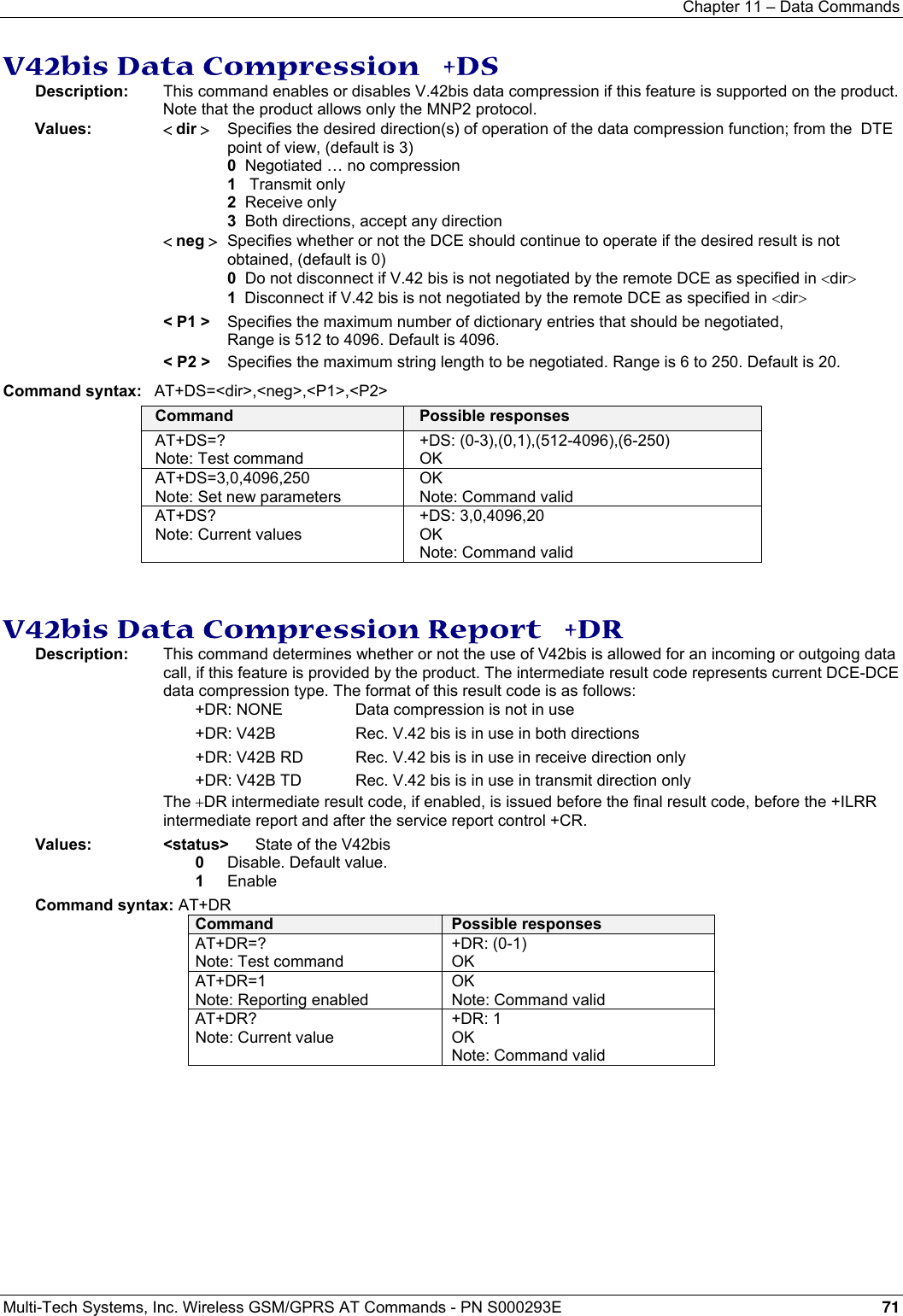 Chapter 11 – Data Commands  Multi-Tech Systems, Inc. Wireless GSM/GPRS AT Commands - PN S000293E 71  V42bis Data Compression   +DS Description:   This command enables or disables V.42bis data compression if this feature is supported on the product. Note that the product allows only the MNP2 protocol. Values:   &lt; dir &gt;   Specifies the desired direction(s) of operation of the data compression function; from the  DTE point of view, (default is 3) 0  Negotiated … no compression 1   Transmit only 2  Receive only 3  Both directions, accept any direction &lt; neg &gt;  Specifies whether or not the DCE should continue to operate if the desired result is not obtained, (default is 0) 0  Do not disconnect if V.42 bis is not negotiated by the remote DCE as specified in &lt;dir&gt; 1  Disconnect if V.42 bis is not negotiated by the remote DCE as specified in &lt;dir&gt; &lt; P1 &gt;   Specifies the maximum number of dictionary entries that should be negotiated,   Range is 512 to 4096. Default is 4096. &lt; P2 &gt;   Specifies the maximum string length to be negotiated. Range is 6 to 250. Default is 20. Command syntax:  AT+DS=&lt;dir&gt;,&lt;neg&gt;,&lt;P1&gt;,&lt;P2&gt; Command  Possible responses AT+DS=? Note: Test command +DS: (0-3),(0,1),(512-4096),(6-250) OK AT+DS=3,0,4096,250 Note: Set new parameters OK Note: Command valid AT+DS? Note: Current values +DS: 3,0,4096,20 OK Note: Command valid   V42bis Data Compression Report   +DR Description:  This command determines whether or not the use of V42bis is allowed for an incoming or outgoing data call, if this feature is provided by the product. The intermediate result code represents current DCE-DCE data compression type. The format of this result code is as follows: +DR: NONE  Data compression is not in use +DR: V42B  Rec. V.42 bis is in use in both directions +DR: V42B RD  Rec. V.42 bis is in use in receive direction only +DR: V42B TD  Rec. V.42 bis is in use in transmit direction only The +DR intermediate result code, if enabled, is issued before the final result code, before the +ILRR intermediate report and after the service report control +CR. Values:   &lt;status&gt;  State of the V42bis 0  Disable. Default value. 1 Enable  Command syntax: AT+DR Command  Possible responses AT+DR=? Note: Test command +DR: (0-1)  OK AT+DR=1 Note: Reporting enabled OK Note: Command valid AT+DR? Note: Current value +DR: 1 OK Note: Command valid  