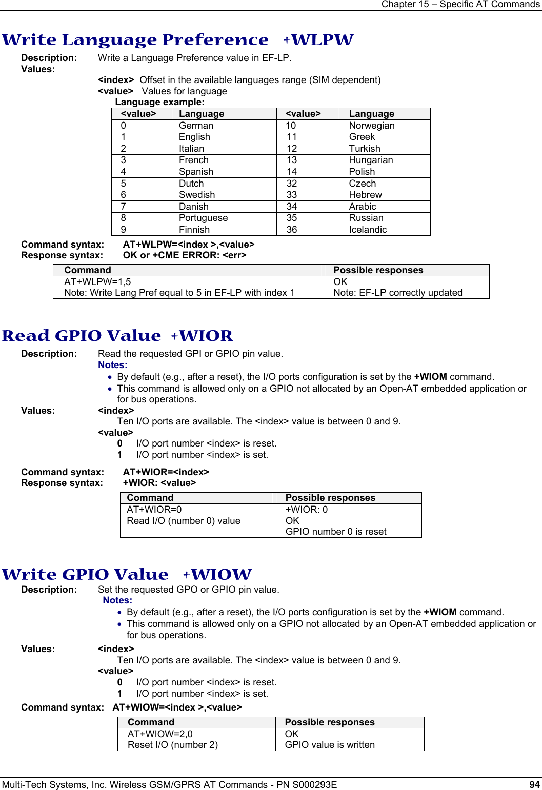 Chapter 15 – Specific AT Commands  Multi-Tech Systems, Inc. Wireless GSM/GPRS AT Commands - PN S000293E 94  Write Language Preference   +WLPW Description:   Write a Language Preference value in EF-LP. Values:  &lt;index&gt;  Offset in the available languages range (SIM dependent) &lt;value&gt;   Values for language  Language example: &lt;value&gt;  Language  &lt;value&gt;  Language 0 German 10 Norwegian 1 English 11 Greek 2 Italian  12 Turkish 3 French  13 Hungarian 4 Spanish  14 Polish 5 Dutch  32 Czech 6 Swedish  33 Hebrew 7 Danish  34 Arabic 8 Portuguese  35 Russian 9 Finnish  36 Icelandic Command syntax:  AT+WLPW=&lt;index &gt;,&lt;value&gt; Response syntax:  OK or +CME ERROR: &lt;err&gt; Command  Possible responses AT+WLPW=1,5 Note: Write Lang Pref equal to 5 in EF-LP with index 1 OK Note: EF-LP correctly updated   Read GPIO Value  +WIOR Description:  Read the requested GPI or GPIO pin value.  Notes:  • By default (e.g., after a reset), the I/O ports configuration is set by the +WIOM command. • This command is allowed only on a GPIO not allocated by an Open-AT embedded application or for bus operations. Values: &lt;index&gt;  Ten I/O ports are available. The &lt;index&gt; value is between 0 and 9. &lt;value&gt;  0  I/O port number &lt;index&gt; is reset. 1  I/O port number &lt;index&gt; is set. Command syntax:  AT+WIOR=&lt;index&gt; Response syntax:  +WIOR: &lt;value&gt; Command  Possible responses AT+WIOR=0 Read I/O (number 0) value +WIOR: 0 OK GPIO number 0 is reset   Write GPIO Value   +WIOW Description:  Set the requested GPO or GPIO pin value. Notes:  • By default (e.g., after a reset), the I/O ports configuration is set by the +WIOM command. • This command is allowed only on a GPIO not allocated by an Open-AT embedded application or for bus operations. Values: &lt;index&gt;    Ten I/O ports are available. The &lt;index&gt; value is between 0 and 9.  &lt;value&gt; 0  I/O port number &lt;index&gt; is reset. 1  I/O port number &lt;index&gt; is set. Command syntax:   AT+WIOW=&lt;index &gt;,&lt;value&gt; Command  Possible responses AT+WIOW=2,0 Reset I/O (number 2) OK GPIO value is written  