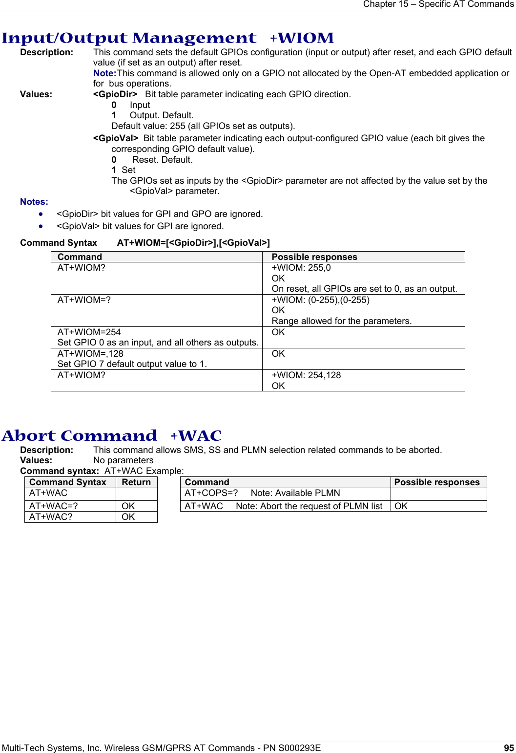 Chapter 15 – Specific AT Commands  Multi-Tech Systems, Inc. Wireless GSM/GPRS AT Commands - PN S000293E 95  Input/Output Management   +WIOM Description:  This command sets the default GPIOs configuration (input or output) after reset, and each GPIO default value (if set as an output) after reset.  Note: This command is allowed only on a GPIO not allocated by the Open-AT embedded application or for  bus operations. Values: &lt;GpioDir&gt;   Bit table parameter indicating each GPIO direction.  0 Input 1  Output. Default. Default value: 255 (all GPIOs set as outputs).  &lt;GpioVal&gt;  Bit table parameter indicating each output-configured GPIO value (each bit gives the corresponding GPIO default value). 0   Reset. Default. 1  Set The GPIOs set as inputs by the &lt;GpioDir&gt; parameter are not affected by the value set by the &lt;GpioVal&gt; parameter. Notes:    • &lt;GpioDir&gt; bit values for GPI and GPO are ignored.  • &lt;GpioVal&gt; bit values for GPI are ignored. Command Syntax    AT+WIOM=[&lt;GpioDir&gt;],[&lt;GpioVal&gt;] Command  Possible responses AT+WIOM? +WIOM: 255,0 OK On reset, all GPIOs are set to 0, as an output. AT+WIOM=? +WIOM: (0-255),(0-255) OK Range allowed for the parameters. AT+WIOM=254 Set GPIO 0 as an input, and all others as outputs.OK AT+WIOM=,128 Set GPIO 7 default output value to 1. OK AT+WIOM? +WIOM: 254,128 OK   Abort Command   +WAC Description:  This command allows SMS, SS and PLMN selection related commands to be aborted. Values:  No parameters Command syntax:  AT+WAC Example: Command Syntax  Return   Command  Possible responses AT+WAC      AT+COPS=?     Note: Available PLMN   AT+WAC=?  OK    AT+WAC     Note: Abort the request of PLMN list  OK AT+WAC? OK    