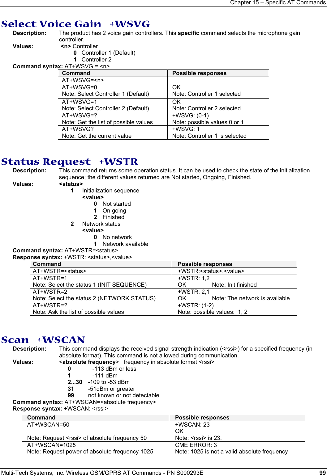 Chapter 15 – Specific AT Commands  Multi-Tech Systems, Inc. Wireless GSM/GPRS AT Commands - PN S000293E 99  Select Voice Gain   +WSVG Description:  The product has 2 voice gain controllers. This specific command selects the microphone gain controller. Values:  &lt;n&gt; Controller   0   Controller 1 (Default) 1   Controller 2 Command syntax: AT+WSVG = &lt;n&gt; Command  Possible responses AT+WSVG=&lt;n&gt;  AT+WSVG=0 Note: Select Controller 1 (Default) OK Note: Controller 1 selected AT+WSVG=1 Note: Select Controller 2 (Default) OK Note: Controller 2 selected AT+WSVG=? Note: Get the list of possible values +WSVG: (0-1) Note: possible values 0 or 1 AT+WSVG? Note: Get the current value +WSVG: 1 Note: Controller 1 is selected   Status Request   +WSTR Description:  This command returns some operation status. It can be used to check the state of the initialization sequence; the different values returned are Not started, Ongoing, Finished. Values: &lt;status&gt;  1  Initialization sequence &lt;value&gt;  0   Not started 1 On going 2   Finished 2  Network status &lt;value&gt;  0  No network 1 Network available Command syntax: AT+WSTR=&lt;status&gt; Response syntax: +WSTR: &lt;status&gt;,&lt;value&gt; Command  Possible responses AT+WSTR=&lt;status&gt; +WSTR:&lt;status&gt;,&lt;value&gt; AT+WSTR=1 Note: Select the status 1 (INIT SEQUENCE) +WSTR: 1,2 OK                Note: Init finished AT+WSTR=2 Note: Select the status 2 (NETWORK STATUS) +WSTR: 2,1 OK                Note: The network is available AT+WSTR=? Note: Ask the list of possible values +WSTR: (1-2) Note: possible values:  1, 2   Scan   +WSCAN Description:  This command displays the received signal strength indication (&lt;rssi&gt;) for a specified frequency (in absolute format). This command is not allowed during communication. Values:  &lt;absolute frequency&gt;   frequency in absolute format &lt;rssi&gt;   0    -113 dBm or less 1  -111 dBm 2...30  -109 to -53 dBm 31  -51dBm or greater 99  not known or not detectable Command syntax: AT+WSCAN=&lt;absolute frequency&gt; Response syntax: +WSCAN: &lt;rssi&gt; Command  Possible responses AT+WSCAN=50  Note: Request &lt;rssi&gt; of absolute frequency 50 +WSCAN: 23 OK Note: &lt;rssi&gt; is 23. AT+WSCAN=1025 Note: Request power of absolute frequency 1025 CME ERROR: 3 Note: 1025 is not a valid absolute frequency  