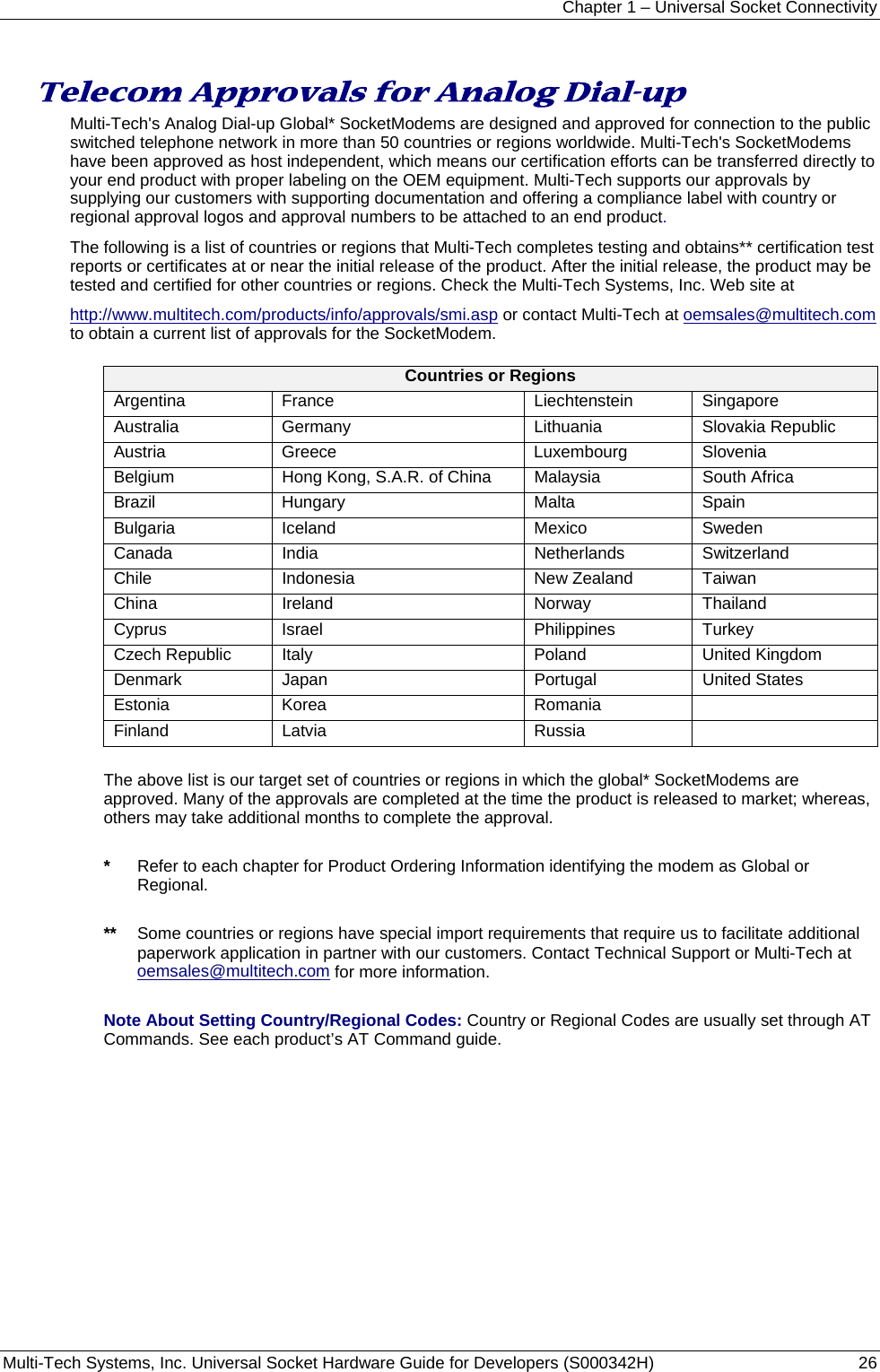 Chapter 1 – Universal Socket Connectivity Multi-Tech Systems, Inc. Universal Socket Hardware Guide for Developers (S000342H)  26  Telecom Approvals for Analog Dial-up  Multi-Tech&apos;s Analog Dial-up Global* SocketModems are designed and approved for connection to the public switched telephone network in more than 50 countries or regions worldwide. Multi-Tech&apos;s SocketModems have been approved as host independent, which means our certification efforts can be transferred directly to your end product with proper labeling on the OEM equipment. Multi-Tech supports our approvals by supplying our customers with supporting documentation and offering a compliance label with country or regional approval logos and approval numbers to be attached to an end product. The following is a list of countries or regions that Multi-Tech completes testing and obtains** certification test reports or certificates at or near the initial release of the product. After the initial release, the product may be tested and certified for other countries or regions. Check the Multi-Tech Systems, Inc. Web site at  http://www.multitech.com/products/info/approvals/smi.asp or contact Multi-Tech at oemsales@multitech.com to obtain a current list of approvals for the SocketModem. Countries or Regions Argentina France  Liechtenstein Singapore Australia Germany  Lithuania Slovakia Republic Austria Greece  Luxembourg Slovenia Belgium  Hong Kong, S.A.R. of China Malaysia  South Africa Brazil Hungary  Malta Spain Bulgaria Iceland  Mexico  Sweden Canada India  Netherlands Switzerland Chile Indonesia  New Zealand Taiwan China Ireland  Norway Thailand Cyprus Israel  Philippines Turkey Czech Republic  Italy  Poland  United Kingdom Denmark Japan  Portugal  United States Estonia Korea  Romania  Finland Latvia  Russia    The above list is our target set of countries or regions in which the global* SocketModems are approved. Many of the approvals are completed at the time the product is released to market; whereas, others may take additional months to complete the approval.   *  Refer to each chapter for Product Ordering Information identifying the modem as Global or Regional.   **  Some countries or regions have special import requirements that require us to facilitate additional paperwork application in partner with our customers. Contact Technical Support or Multi-Tech at oemsales@multitech.com for more information.  Note About Setting Country/Regional Codes: Country or Regional Codes are usually set through AT Commands. See each product’s AT Command guide.  