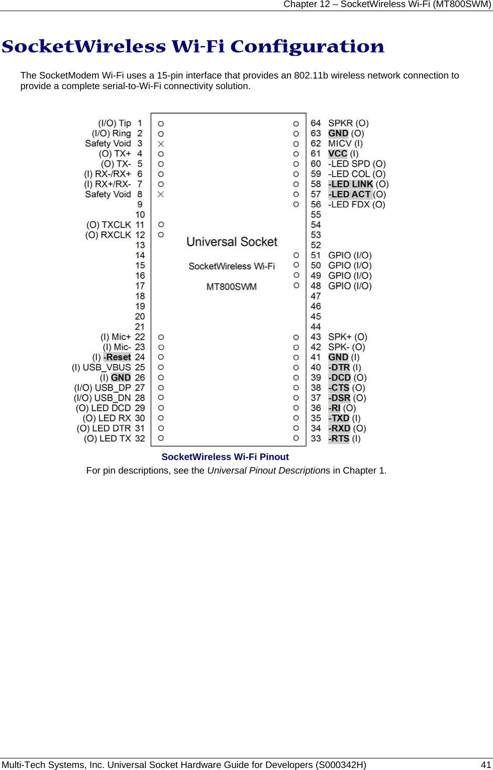 Chapter 12 – SocketWireless Wi-Fi (MT800SWM) Multi-Tech Systems, Inc. Universal Socket Hardware Guide for Developers (S000342H)  41  SocketWireless Wi-Fi Configuration  The SocketModem Wi-Fi uses a 15-pin interface that provides an 802.11b wireless network connection to provide a complete serial-to-Wi-Fi connectivity solution.     SocketWireless Wi-Fi Pinout For pin descriptions, see the Universal Pinout Descriptions in Chapter 1.     