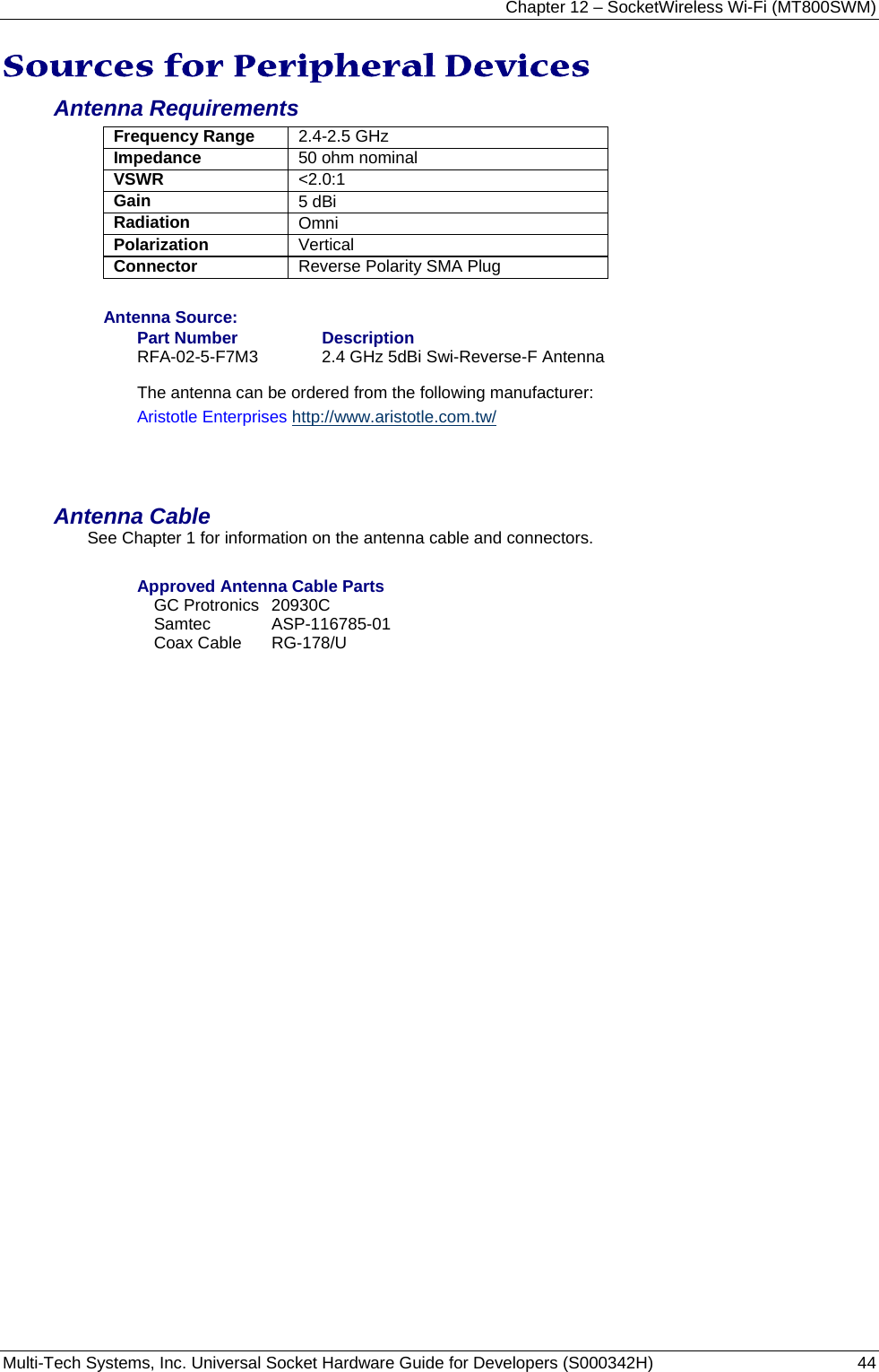 Chapter 12 – SocketWireless Wi-Fi (MT800SWM) Multi-Tech Systems, Inc. Universal Socket Hardware Guide for Developers (S000342H)  44  Sources for Peripheral Devices Antenna Requirements Frequency Range  2.4-2.5 GHz Impedance  50 ohm nominal VSWR  &lt;2.0:1 Gain  5 dBi Radiation  Omni Polarization  Vertical Connector  Reverse Polarity SMA Plug   Antenna Source: Part Number  Description RFA-02-5-F7M3  2.4 GHz 5dBi Swi-Reverse-F Antenna The antenna can be ordered from the following manufacturer:  Aristotle Enterprises http://www.aristotle.com.tw/   Antenna Cable See Chapter 1 for information on the antenna cable and connectors.  Approved Antenna Cable Parts GC Protronics  20930C Samtec ASP-116785-01 Coax Cable  RG-178/U  