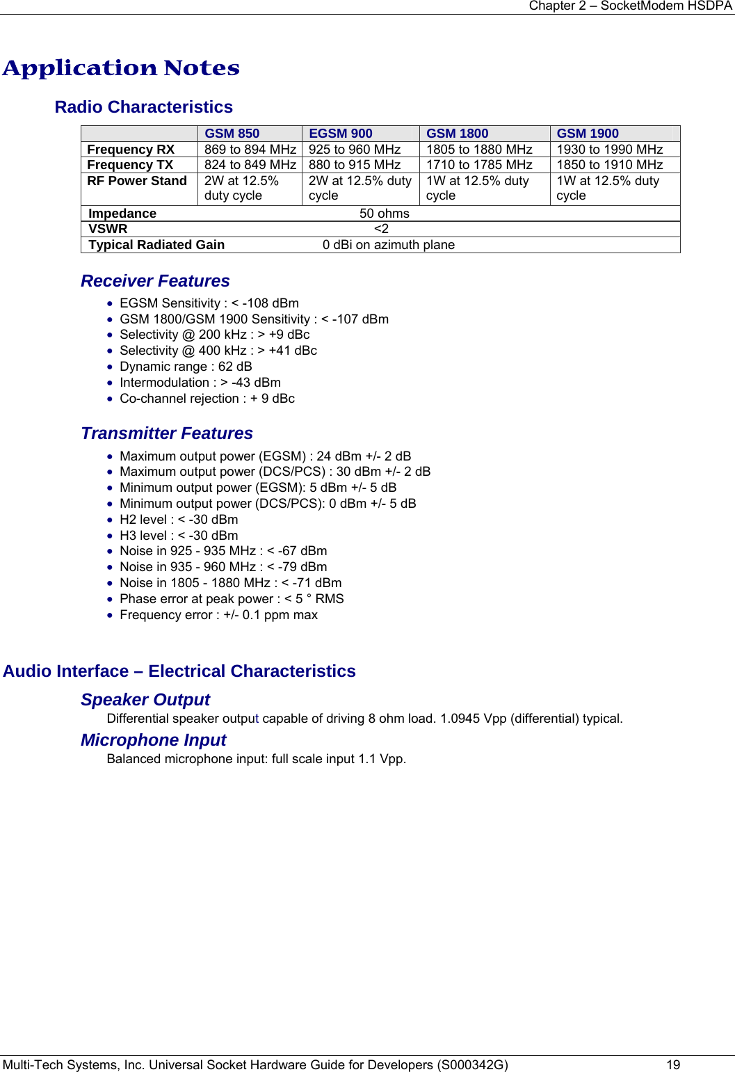 Chapter 2 – SocketModem HSDPA Multi-Tech Systems, Inc. Universal Socket Hardware Guide for Developers (S000342G)  19 Application Notes Radio Characteristics  GSM 850  EGSM 900  GSM 1800  GSM 1900 Frequency RX  869 to 894 MHz 925 to 960 MHz  1805 to 1880 MHz  1930 to 1990 MHz Frequency TX  824 to 849 MHz 880 to 915 MHz  1710 to 1785 MHz  1850 to 1910 MHz RF Power Stand  2W at 12.5% duty cycle 2W at 12.5% duty cycle 1W at 12.5% duty cycle 1W at 12.5% duty cycle Impedance                                                        50 ohms VSWR                                                                    &lt;2 Typical Radiated Gain                           0 dBi on azimuth plane Receiver Features • EGSM Sensitivity : &lt; -108 dBm • GSM 1800/GSM 1900 Sensitivity : &lt; -107 dBm • Selectivity @ 200 kHz : &gt; +9 dBc • Selectivity @ 400 kHz : &gt; +41 dBc • Dynamic range : 62 dB • Intermodulation : &gt; -43 dBm • Co-channel rejection : + 9 dBc Transmitter Features • Maximum output power (EGSM) : 24 dBm +/- 2 dB • Maximum output power (DCS/PCS) : 30 dBm +/- 2 dB • Minimum output power (EGSM): 5 dBm +/- 5 dB • Minimum output power (DCS/PCS): 0 dBm +/- 5 dB • H2 level : &lt; -30 dBm • H3 level : &lt; -30 dBm • Noise in 925 - 935 MHz : &lt; -67 dBm • Noise in 935 - 960 MHz : &lt; -79 dBm • Noise in 1805 - 1880 MHz : &lt; -71 dBm • Phase error at peak power : &lt; 5 ° RMS • Frequency error : +/- 0.1 ppm max  Audio Interface – Electrical Characteristics Speaker Output  Differential speaker output capable of driving 8 ohm load. 1.0945 Vpp (differential) typical. Microphone Input  Balanced microphone input: full scale input 1.1 Vpp.    
