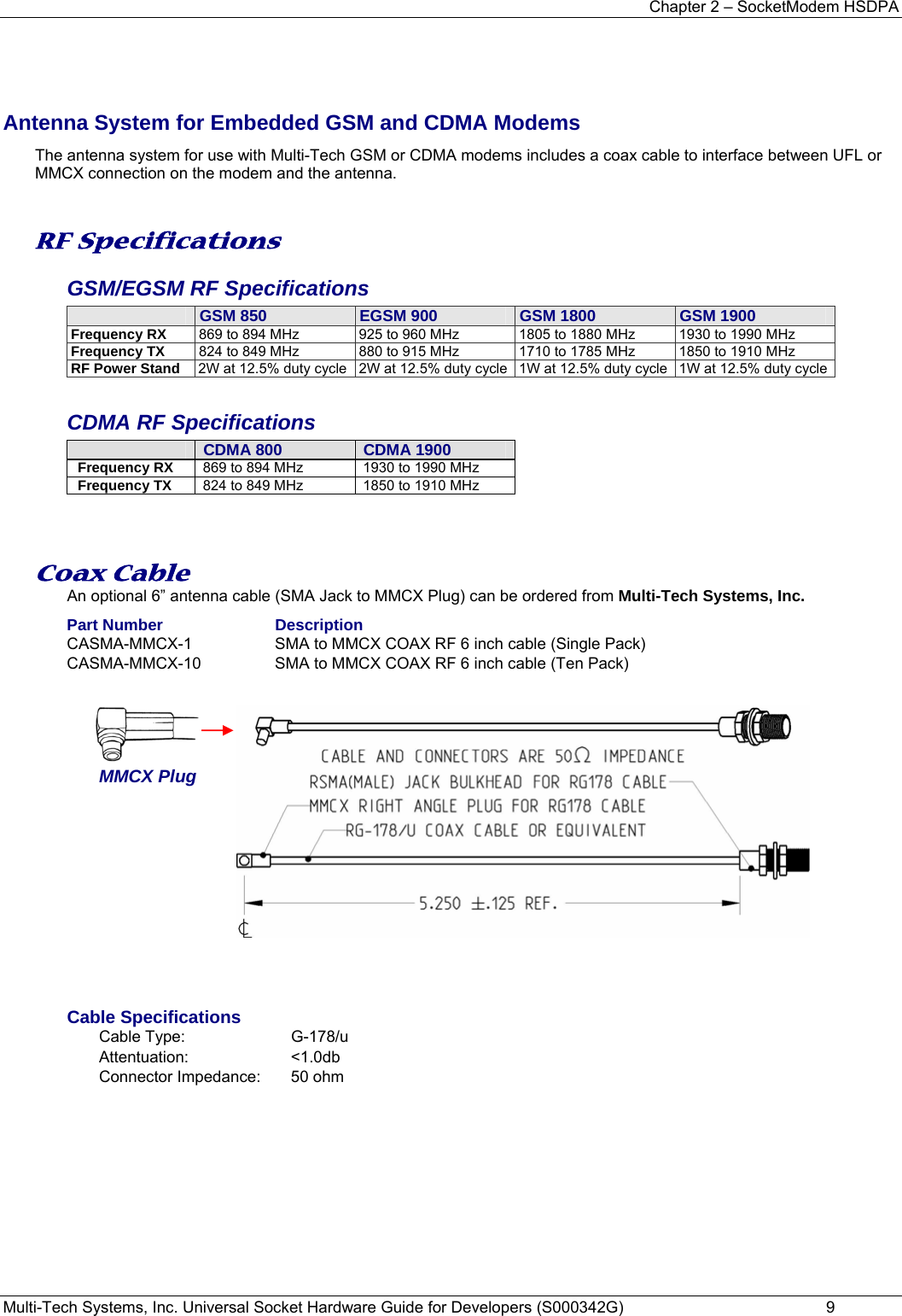 Chapter 2 – SocketModem HSDPA Multi-Tech Systems, Inc. Universal Socket Hardware Guide for Developers (S000342G)  9   Antenna System for Embedded GSM and CDMA Modems The antenna system for use with Multi-Tech GSM or CDMA modems includes a coax cable to interface between UFL or MMCX connection on the modem and the antenna.   RF Specifications GSM/EGSM RF Specifications  GSM 850  EGSM 900  GSM 1800  GSM 1900 Frequency RX  869 to 894 MHz  925 to 960 MHz  1805 to 1880 MHz  1930 to 1990 MHz Frequency TX  824 to 849 MHz  880 to 915 MHz  1710 to 1785 MHz  1850 to 1910 MHz RF Power Stand  2W at 12.5% duty cycle 2W at 12.5% duty cycle 1W at 12.5% duty cycle 1W at 12.5% duty cycleCDMA RF Specifications  CDMA 800  CDMA 1900 Frequency RX  869 to 894 MHz  1930 to 1990 MHz Frequency TX  824 to 849 MHz  1850 to 1910 MHz    Coax Cable An optional 6” antenna cable (SMA Jack to MMCX Plug) can be ordered from Multi-Tech Systems, Inc.  Part Number  Description CASMA-MMCX-1   SMA to MMCX COAX RF 6 inch cable (Single Pack) CASMA-MMCX-10   SMA to MMCX COAX RF 6 inch cable (Ten Pack)   MMCX Plug                                                                                                                  Cable Specifications Cable Type:  G-178/u Attentuation: &lt;1.0db Connector Impedance:  50 ohm  