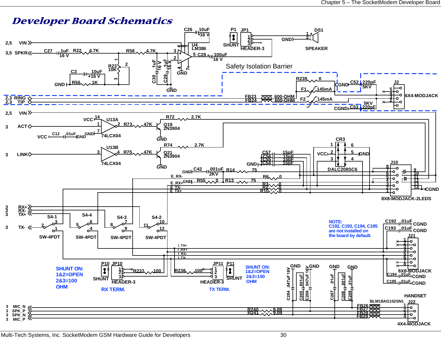 Chapter 5 – The SocketModem Developer Board Multi-Tech Systems, Inc. SocketModem GSM Hardware Guide for Developers   30  Developer Board Schematics  TX TERM.SHUNT ON:1&amp;2=OPEN2&amp;3=100OHMSHUNT ON:1&amp;2=OPEN2&amp;3=100OHMHANDSETRX TERM.I_RX-I_RX+E_TX-E_TX+E_RX-E_RX+I_TX+I_TX-RING2,3 TIP2,3SPKR3,5ACT3LINK3VIN2,5VIN2,5SPK_N3SPK_P3MIC_N3MIC_P3TX+3RX-3RX+3TX-3GNDGNDGNDGNDGNDGNDGNDGNDGNDGNDGNDGNDCGNDCGNDCGNDCGNDCGNDCGNDCGNDVCCVCCVCCGNDGNDGNDGNDR75         47KC192   .01uFJP10HEADER-3123R55        0S4-3SW-4PDT879C26     10uF16 VC54 15pFR241 9.09U4LM386235FB27C53   220pF5KVR73         47KJ26X4-MODJACK5432R22      4.7KR2310K 2R13 75J218X8-MODJACK54326178C55 15pFC194   .01uFS4-4SW-4PDT564R239         0Q212N3904JP1HEADER-3123CR3DALC208SC6531624FB28BLM18AG102SN1R56         1KR74 2.7KU13B74LCX043 4R58         4.7KJ224X4-MODJACK1234R14 75C56 15pFDS1SPEAKER12R237       100S4-1SW-4PDT231FB29C3 10uF16 VC195 .01uFFB23              600-OHMP1SHUNTC57 15pFR238       100C193 .01uFC27 .1uF16 VP11SHUNTJP11HEADER-3123C42 .001uF2KVS4-2SW-4PDT11 1012Q192N3904F1        145mAFB24              600-OHMC52   220pF5KVR240 9.09U13A74LCX041471 2FB26C12     .01uFR72             2.7K+C28      100uF16 VJ108X8-MODJACK-2LEDS5432617891011121314F2         145mAP10SHUNTR6        0R3        0R2        0R10        0Safety Isolation BarrierNOTE:C192, C193, C194, C195are not installed onthe board by default. 