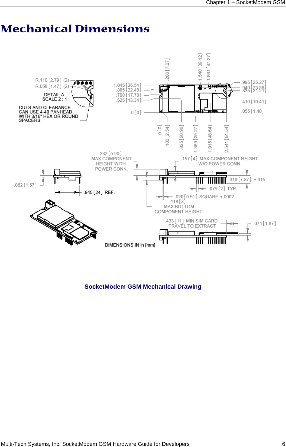 Chapter 1 – SocketModem GSM Multi-Tech Systems, Inc. SocketModem GSM Hardware Guide for Developers   6  Mechanical Dimensions    SocketModem GSM Mechanical Drawing  