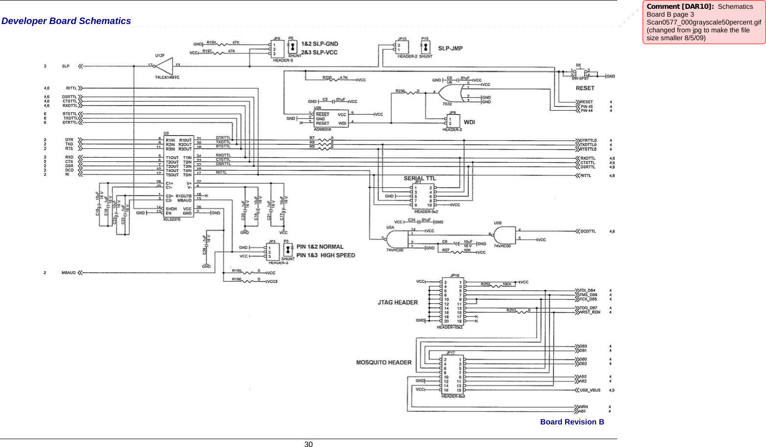     30 Developer Board Schematics Comment [DAR10]:  Schematics Board B page 3 Scan0577_000grayscale50percent.gif (changed from jpg to make the file size smaller 8/5/09)  Board Revision B 