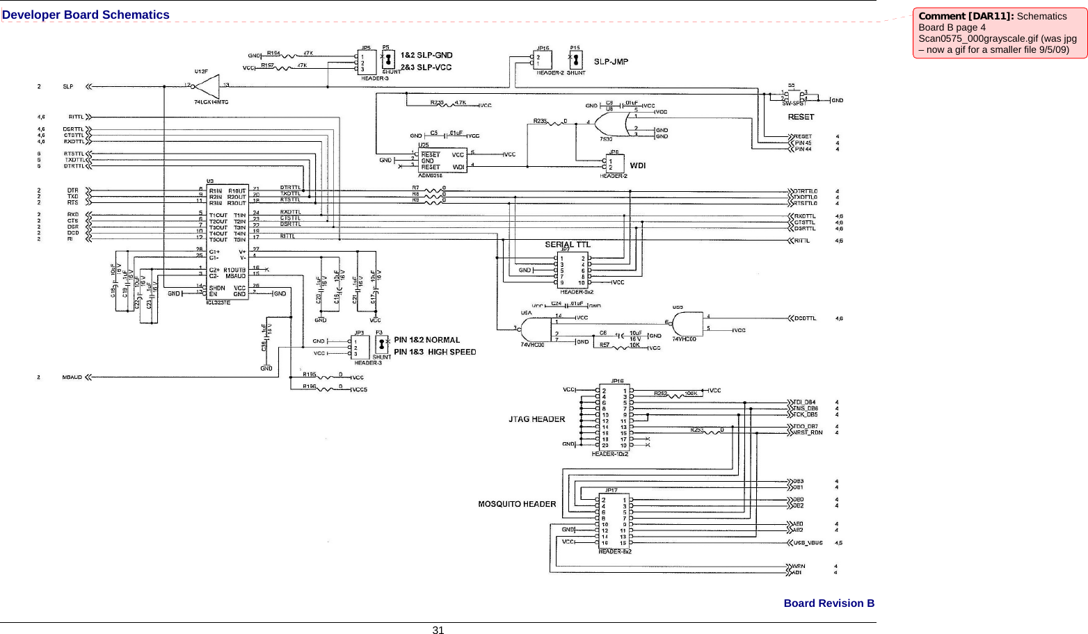     Developer Board Schematics  31  Comment [DAR11]: Schematics Board B page 4 Scan0575_000grayscale.gif (was jpg – now a gif for a smaller file 9/5/09)   Board Revision B 