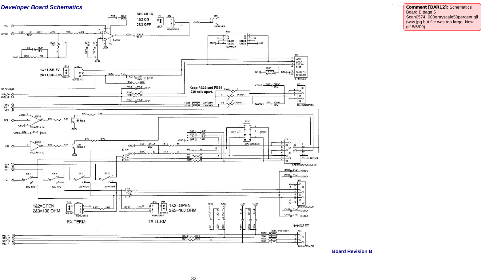      Developer Board Schematics 32 Comment [DAR12]: Schematics Board B page 5 Scan0574_000grayscale50percent.gif (was jpg but file was too large. Now gif 8/5/09)  Board Revision B 