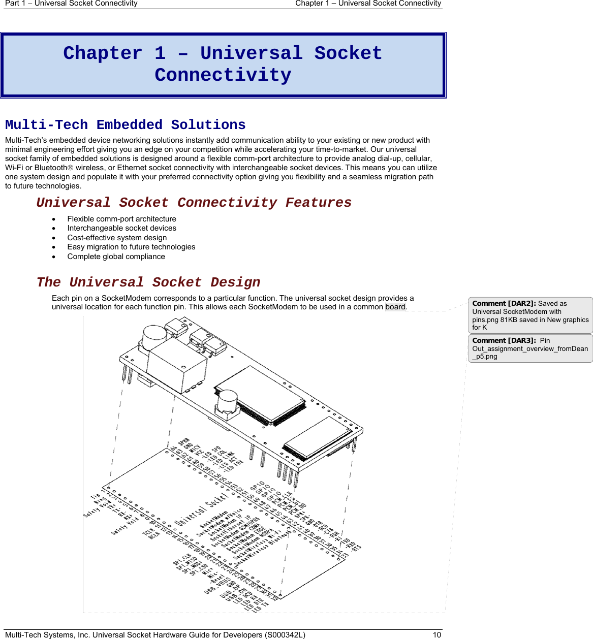 Part 1  Universal Socket Connectivity    Chapter 1 – Universal Socket Connectivity Multi-Tech Systems, Inc. Universal Socket Hardware Guide for Developers (S000342L)  10   Chapter 1 – Universal Socket Connectivity  Multi-Tech Embedded Solutions Multi-Tech’s embedded device networking solutions instantly add communication ability to your existing or new product with minimal engineering effort giving you an edge on your competition while accelerating your time-to-market. Our universal socket family of embedded solutions is designed around a flexible comm-port architecture to provide analog dial-up, cellular, Wi-Fi or Bluetooth wireless, or Ethernet socket connectivity with interchangeable socket devices. This means you can utilize one system design and populate it with your preferred connectivity option giving you flexibility and a seamless migration path to future technologies.  Universal Socket Connectivity Features   Flexible comm-port architecture    Interchangeable socket devices  Cost-effective system design   Easy migration to future technologies   Complete global compliance  The Universal Socket Design  Each pin on a SocketModem corresponds to a particular function. The universal socket design provides a universal location for each function pin. This allows each SocketModem to be used in a common board.   Comment [DAR2]: Saved as Universal SocketModem with pins.png 81KB saved in New graphics for K Comment [DAR3]:  Pin Out_assignment_overview_fromDean_p5.png