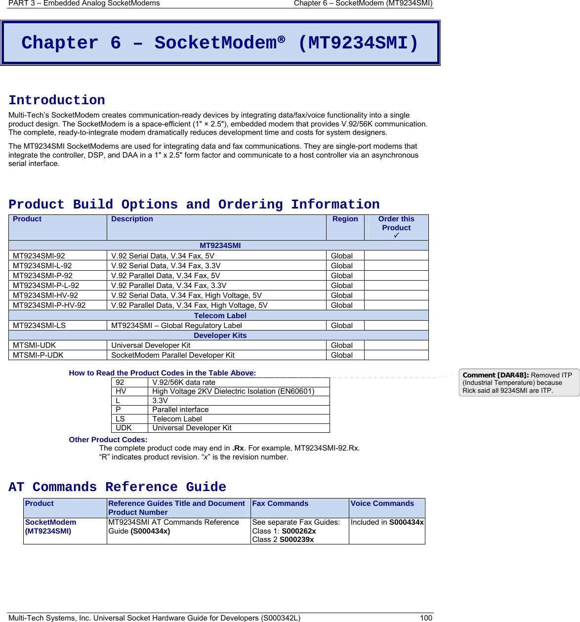 PART 3 – Embedded Analog SocketModems  Chapter 6 – SocketModem (MT9234SMI) Multi-Tech Systems, Inc. Universal Socket Hardware Guide for Developers (S000342L)  100  Chapter 6 – SocketModem® (MT9234SMI)   Introduction Multi-Tech’s SocketModem creates communication-ready devices by integrating data/fax/voice functionality into a single product design. The SocketModem is a space-efficient (1&quot; × 2.5&quot;), embedded modem that provides V.92/56K communication. The complete, ready-to-integrate modem dramatically reduces development time and costs for system designers.  The MT9234SMI SocketModems are used for integrating data and fax communications. They are single-port modems that integrate the controller, DSP, and DAA in a 1&quot; x 2.5&quot; form factor and communicate to a host controller via an asynchronous serial interface.   Product Build Options and Ordering Information Product  Description  Region  Order this Product 3 MT9234SMI MT9234SMI-92  V.92 Serial Data, V.34 Fax, 5V  Global   MT9234SMI-L-92  V.92 Serial Data, V.34 Fax, 3.3V  Global   MT9234SMI-P-92  V.92 Parallel Data, V.34 Fax, 5V  Global   MT9234SMI-P-L-92  V.92 Parallel Data, V.34 Fax, 3.3V  Global   MT9234SMI-HV-92  V.92 Serial Data, V.34 Fax, High Voltage, 5V  Global   MT9234SMI-P-HV-92  V.92 Parallel Data, V.34 Fax, High Voltage, 5V  Global   Telecom Label MT9234SMI-LS  MT9234SMI – Global Regulatory Label  Global   Developer Kits MTSMI-UDK Universal Developer Kit  Global  MTSMI-P-UDK  SocketModem Parallel Developer Kit  Global    How to Read the Product Codes in the Table Above: 92  V.92/56K data rate HV  High Voltage 2KV Dielectric Isolation (EN60601) L   3.3V P Parallel interface LS Telecom Label UDK  Universal Developer Kit Other Product Codes: The complete product code may end in .Rx. For example, MT9234SMI-92.Rx.   “R” indicates product revision. “x” is the revision number.  AT Commands Reference Guide Product  Reference Guides Title and Document Product Number  Fax Commands  Voice Commands SocketModem (MT9234SMI)  MT9234SMI AT Commands Reference Guide (S000434x)  See separate Fax Guides: Class 1: S000262x Class 2 S000239x Included in S000434x Comment [DAR48]: Removed ITP (Industrial Temperature) because Rick said all 9234SMI are ITP. 
