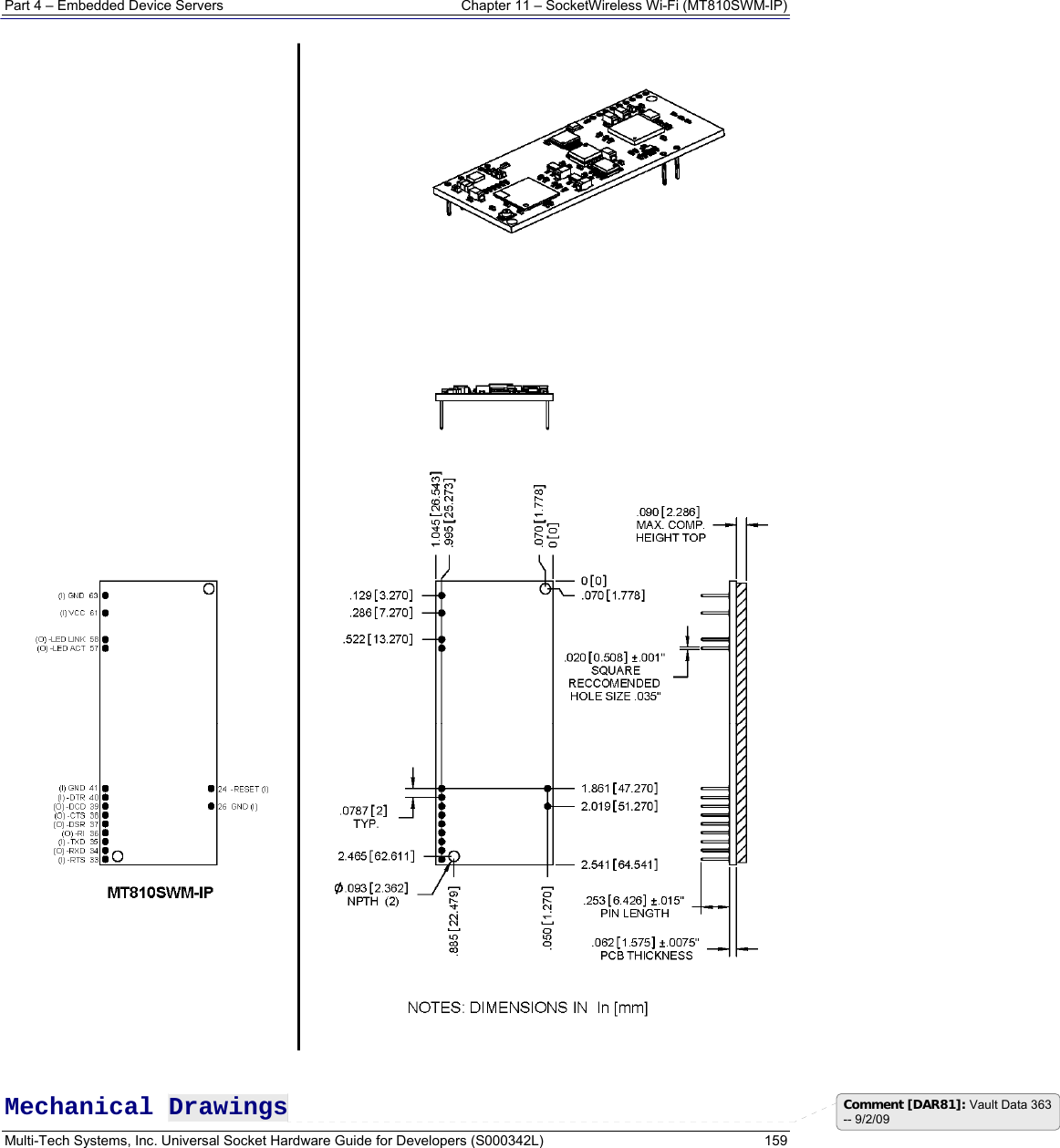 Part 4 – Embedded Device Servers  Chapter 11 – SocketWireless Wi-Fi (MT810SWM-IP) Multi-Tech Systems, Inc. Universal Socket Hardware Guide for Developers (S000342L)  159   Mechanical Drawings  Comment [DAR81]: Vault Data 363 -- 9/2/09 