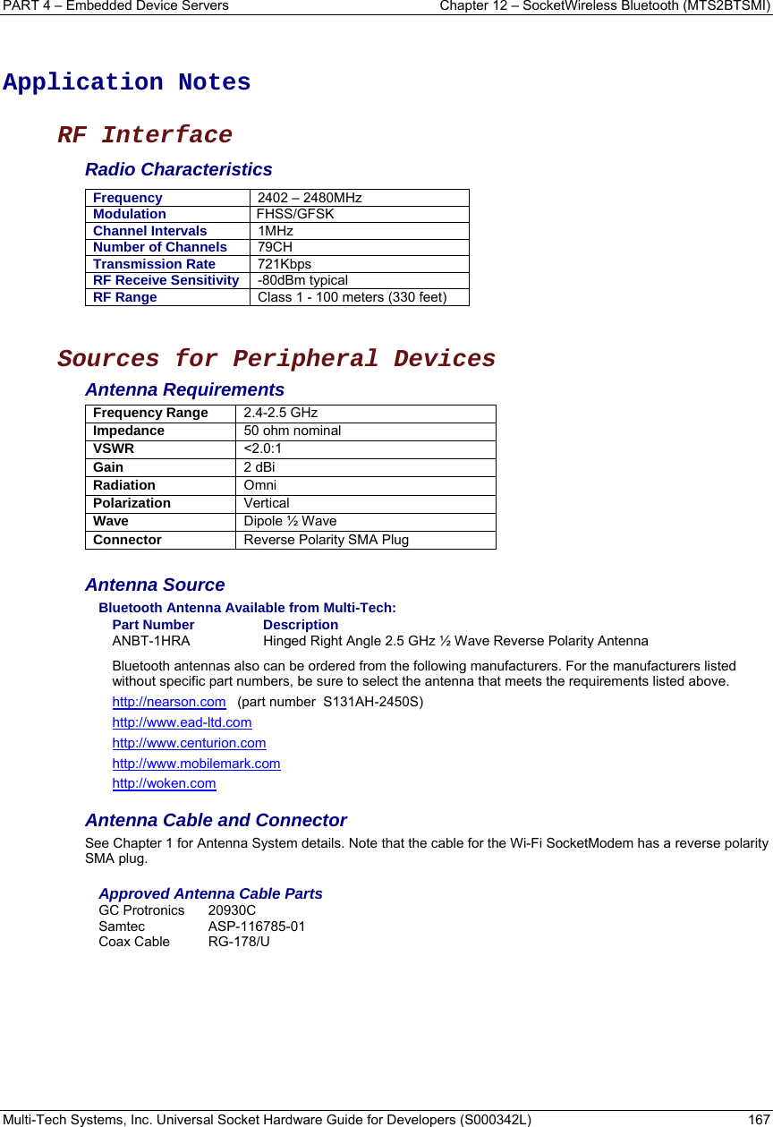 PART 4 – Embedded Device Servers  Chapter 12 – SocketWireless Bluetooth (MTS2BTSMI) Multi-Tech Systems, Inc. Universal Socket Hardware Guide for Developers (S000342L)  167   Application Notes  RF Interface Radio Characteristics Frequency  2402 – 2480MHz Modulation  FHSS/GFSK Channel Intervals  1MHz Number of Channels  79CH Transmission Rate  721Kbps RF Receive Sensitivity  -80dBm typical RF Range  Class 1 - 100 meters (330 feet)   Sources for Peripheral Devices Antenna Requirements Frequency Range  2.4-2.5 GHz Impedance  50 ohm nominal VSWR  &lt;2.0:1 Gain  2 dBi Radiation  Omni Polarization  Vertical Wave  Dipole ½ Wave Connector  Reverse Polarity SMA Plug   Antenna Source Bluetooth Antenna Available from Multi-Tech: Part Number  Description ANBT-1HRA  Hinged Right Angle 2.5 GHz ½ Wave Reverse Polarity Antenna Bluetooth antennas also can be ordered from the following manufacturers. For the manufacturers listed without specific part numbers, be sure to select the antenna that meets the requirements listed above.  http://nearson.com   (part number  S131AH-2450S)  http://www.ead-ltd.com http://www.centurion.com http://www.mobilemark.com http://woken.com Antenna Cable and Connector See Chapter 1 for Antenna System details. Note that the cable for the Wi-Fi SocketModem has a reverse polarity SMA plug. Approved Antenna Cable Parts GC Protronics  20930C Samtec ASP-116785-01 Coax Cable  RG-178/U 