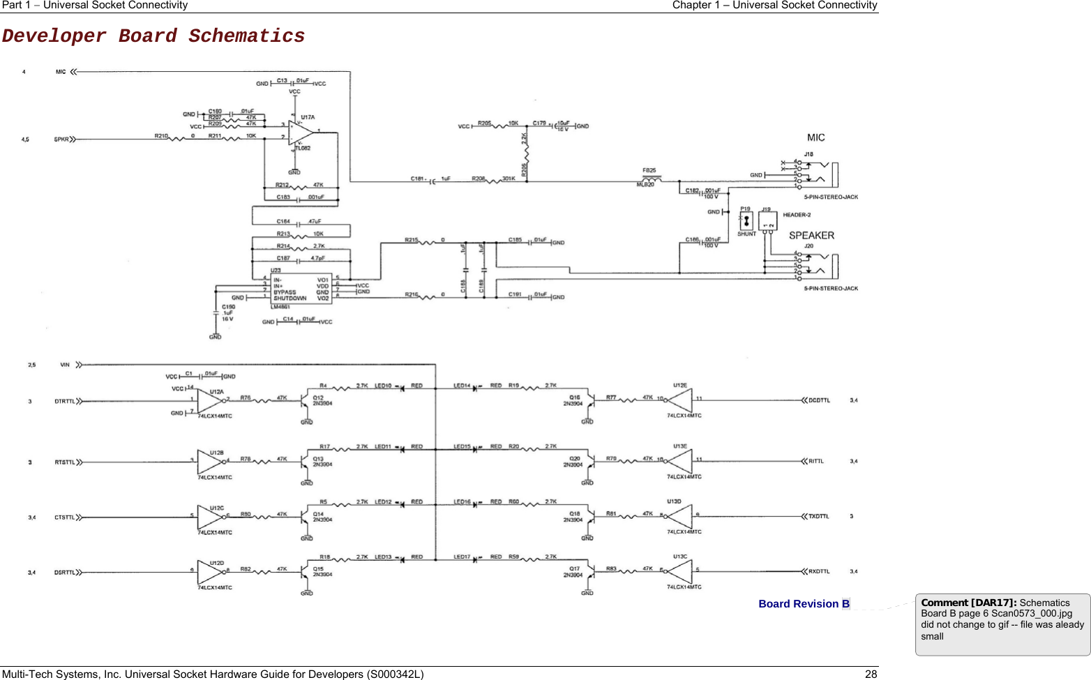 Part 1  Universal Socket Connectivity  Chapter 1 – Universal Socket Connectivity Multi-Tech Systems, Inc. Universal Socket Hardware Guide for Developers (S000342L)  28  Developer Board Schematics   Board Revision B   Comment [DAR17]: Schematics Board B page 6 Scan0573_000.jpg did not change to gif -- file was aleady small  