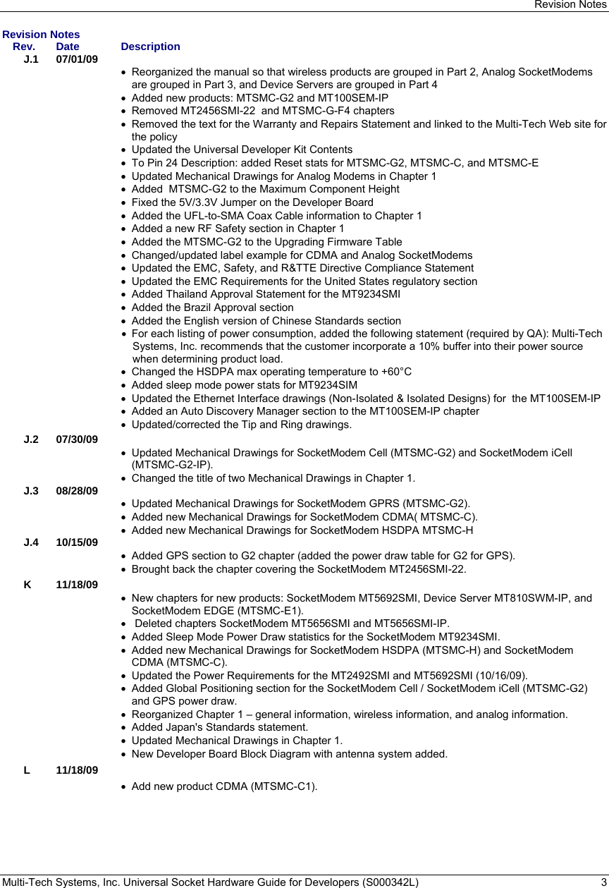 Revision Notes Multi-Tech Systems, Inc. Universal Socket Hardware Guide for Developers (S000342L)  3  Revision Notes Rev. Date  Description  J.1 07/01/09        Reorganized the manual so that wireless products are grouped in Part 2, Analog SocketModems are grouped in Part 3, and Device Servers are grouped in Part 4   Added new products: MTSMC-G2 and MT100SEM-IP   Removed MT2456SMI-22  and MTSMC-G-F4 chapters   Removed the text for the Warranty and Repairs Statement and linked to the Multi-Tech Web site for the policy   Updated the Universal Developer Kit Contents   To Pin 24 Description: added Reset stats for MTSMC-G2, MTSMC-C, and MTSMC-E    Updated Mechanical Drawings for Analog Modems in Chapter 1    Added  MTSMC-G2 to the Maximum Component Height    Fixed the 5V/3.3V Jumper on the Developer Board   Added the UFL-to-SMA Coax Cable information to Chapter 1   Added a new RF Safety section in Chapter 1   Added the MTSMC-G2 to the Upgrading Firmware Table   Changed/updated label example for CDMA and Analog SocketModems   Updated the EMC, Safety, and R&amp;TTE Directive Compliance Statement   Updated the EMC Requirements for the United States regulatory section   Added Thailand Approval Statement for the MT9234SMI   Added the Brazil Approval section   Added the English version of Chinese Standards section   For each listing of power consumption, added the following statement (required by QA): Multi-Tech Systems, Inc. recommends that the customer incorporate a 10% buffer into their power source when determining product load.   Changed the HSDPA max operating temperature to +60°C     Added sleep mode power stats for MT9234SIM    Updated the Ethernet Interface drawings (Non-Isolated &amp; Isolated Designs) for  the MT100SEM-IP    Added an Auto Discovery Manager section to the MT100SEM-IP chapter   Updated/corrected the Tip and Ring drawings. J.2 07/30/09     Updated Mechanical Drawings for SocketModem Cell (MTSMC-G2) and SocketModem iCell (MTSMC-G2-IP).    Changed the title of two Mechanical Drawings in Chapter 1. J.3 08/28/09     Updated Mechanical Drawings for SocketModem GPRS (MTSMC-G2).   Added new Mechanical Drawings for SocketModem CDMA( MTSMC-C).   Added new Mechanical Drawings for SocketModem HSDPA MTSMC-H J.4 10/15/09     Added GPS section to G2 chapter (added the power draw table for G2 for GPS).   Brought back the chapter covering the SocketModem MT2456SMI-22. K 11/18/09    New chapters for new products: SocketModem MT5692SMI, Device Server MT810SWM-IP, and SocketModem EDGE (MTSMC-E1).    Deleted chapters SocketModem MT5656SMI and MT5656SMI-IP.    Added Sleep Mode Power Draw statistics for the SocketModem MT9234SMI.    Added new Mechanical Drawings for SocketModem HSDPA (MTSMC-H) and SocketModem CDMA (MTSMC-C).   Updated the Power Requirements for the MT2492SMI and MT5692SMI (10/16/09).   Added Global Positioning section for the SocketModem Cell / SocketModem iCell (MTSMC-G2) and GPS power draw.    Reorganized Chapter 1 – general information, wireless information, and analog information.   Added Japan&apos;s Standards statement.   Updated Mechanical Drawings in Chapter 1.   New Developer Board Block Diagram with antenna system added. L 11/18/09    Add new product CDMA (MTSMC-C1).  