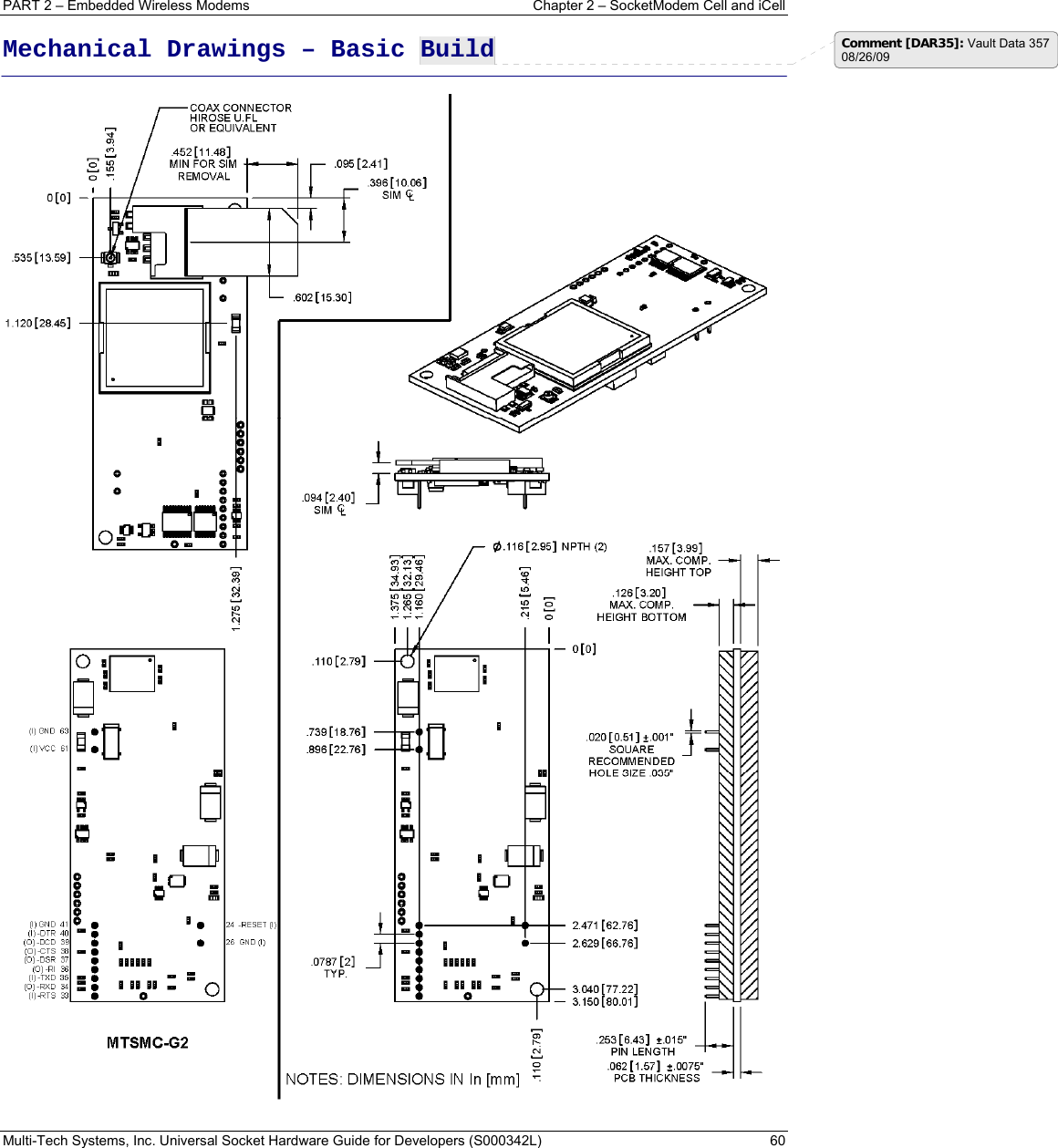 PART 2 – Embedded Wireless Modems   Chapter 2 – SocketModem Cell and iCell Multi-Tech Systems, Inc. Universal Socket Hardware Guide for Developers (S000342L)  60  Mechanical Drawings – Basic Build   Comment [DAR35]: Vault Data 357 08/26/09 
