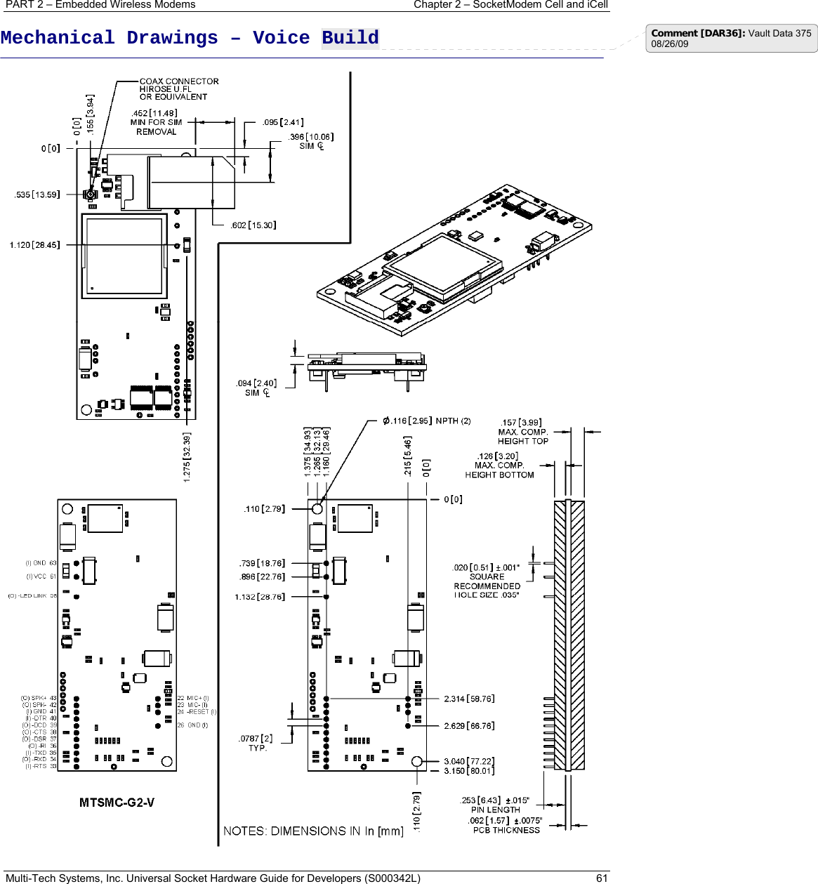 PART 2 – Embedded Wireless Modems   Chapter 2 – SocketModem Cell and iCell Multi-Tech Systems, Inc. Universal Socket Hardware Guide for Developers (S000342L)  61   Mechanical Drawings – Voice Build  Comment [DAR36]: Vault Data 375 08/26/09 