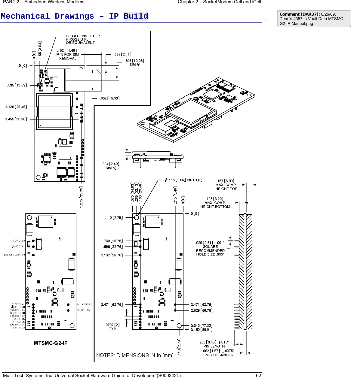 PART 2 – Embedded Wireless Modems   Chapter 2 – SocketModem Cell and iCell Multi-Tech Systems, Inc. Universal Socket Hardware Guide for Developers (S000342L)  62  Mechanical Drawings – IP Build  Comment [DAR37]: 8/26/09. Dean&apos;s #357 in Vault Data MTSMC-G2-IP-Manual.png 