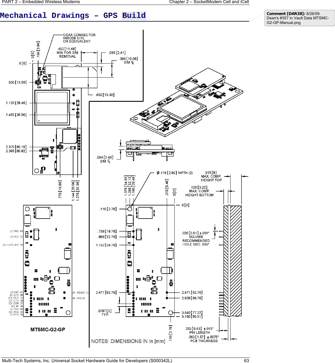 PART 2 – Embedded Wireless Modems   Chapter 2 – SocketModem Cell and iCell Multi-Tech Systems, Inc. Universal Socket Hardware Guide for Developers (S000342L)  63  Mechanical Drawings – GPS Build  Comment [DAR38]: 8/26/09. Dean&apos;s #357 in Vault Data MTSMC-G2-GP-Manual.png 