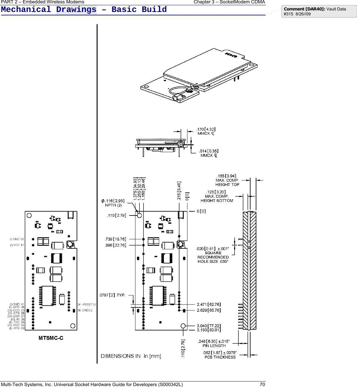 PART 2 – Embedded Wireless Modems  Chapter 3 – SocketModem CDMA  Multi-Tech Systems, Inc. Universal Socket Hardware Guide for Developers (S000342L)  70 Mechanical Drawings – Basic Build   Comment [DAR40]: Vault Data #315  8/26//09 