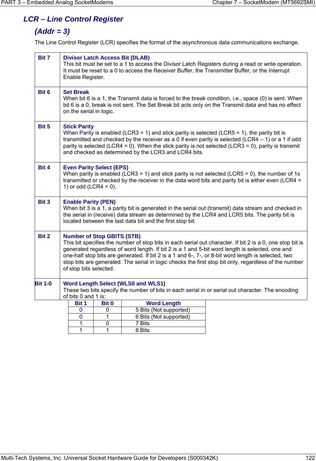 PART 3 – Embedded Analog SocketModems    Chapter 7 – SocketModem (MT5692SMI) Multi-Tech Systems, Inc. Universal Socket Hardware Guide for Developers (S000342K)  122  LCR – Line Control Register  (Addr = 3) The Line Control Register (LCR) specifies the format of the asynchronous data communications exchange.  Bit 7  Divisor Latch Access Bit (DLAB) This bit must be set to a 1 to access the Divisor Latch Registers during a read or write operation. It must be reset to a 0 to access the Receiver Buffer, the Transmitter Buffer, or the Interrupt Enable Register.  Bit 6  Set Break When bit 6 is a 1, the Transmit data is forced to the break condition, i.e., space (0) is sent. When bit 6 is a 0, break is not sent. The Set Break bit acts only on the Transmit data and has no effect on the serial in logic.  Bit 5  Stick Parity When Parity is enabled (LCR3 = 1) and stick parity is selected (LCR5 = 1), the parity bit is transmitted and checked by the receiver as a 0 if even parity is selected (LCR4 – 1) or a 1 if odd parity is selected (LCR4 = 0). When the stick parity is not selected (LCR3 = 0), parity is transmit and checked as determined by the LCR3 and LCR4 bits.  Bit 4  Even Parity Select (EPS) When parity is enabled (LCR3 = 1) and stick parity is not selected (LCR5 = 0), the number of 1s transmitted or checked by the receiver in the data word bits and parity bit is either even (LCR4 = 1) or odd (LCR4 = 0).  Bit 3  Enable Parity (PEN) When bit 3 is a 1, a parity bit is generated in the serial out (transmit) data stream and checked in the serial in (receive) data stream as determined by the LCR4 and LCR5 bits. The parity bit is located between the last data bit and the first stop bit.  Bit 2  Number of Stop GBITS (STB)  This bit specifies the number of stop bits in each serial out character. If bit 2 is a 0, one stop bit is generated regardless of word length. If bit 2 is a 1 and 5-bit word length is selected, one and one-half stop bits are generated. If bit 2 is a 1 and 6-, 7-, or 8-bit word length is selected, two stop bits are generated. The serial in logic checks the first stop bit only, regardless of the number of stop bits selected.  Bit 1-0  Word Length Select (WLS0 and WLS1) These two bits specify the number of bits in each serial in or serial out character. The encoding of bits 0 and 1 is: Bit 1  Bit 0  Word Length0  0  5 Bits (Not supported) 0  1  6 Bits (Not supported) 1 0  7 Bits 1 1  8 Bits    