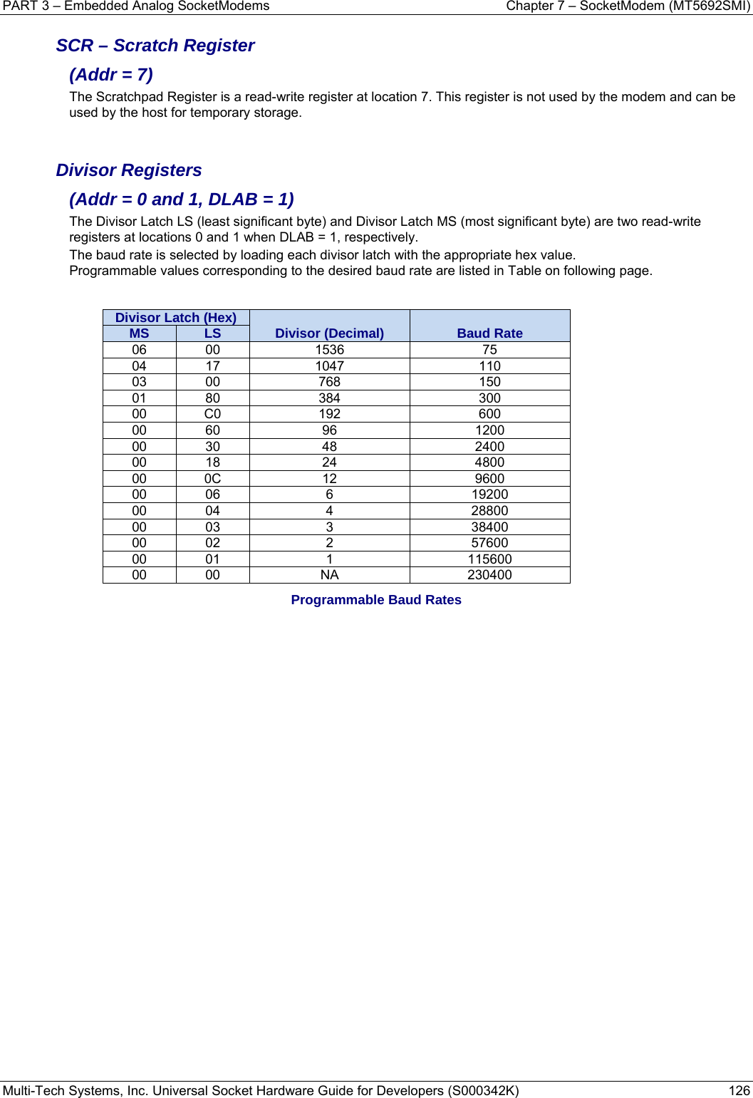 PART 3 – Embedded Analog SocketModems    Chapter 7 – SocketModem (MT5692SMI) Multi-Tech Systems, Inc. Universal Socket Hardware Guide for Developers (S000342K)  126  SCR – Scratch Register  (Addr = 7) The Scratchpad Register is a read-write register at location 7. This register is not used by the modem and can be used by the host for temporary storage.   Divisor Registers  (Addr = 0 and 1, DLAB = 1) The Divisor Latch LS (least significant byte) and Divisor Latch MS (most significant byte) are two read-write registers at locations 0 and 1 when DLAB = 1, respectively. The baud rate is selected by loading each divisor latch with the appropriate hex value. Programmable values corresponding to the desired baud rate are listed in Table on following page.   Divisor Latch (Hex)  Divisor (Decimal)  Baud Rate MS  LS 06 00  1536  75 04 17  1047  110 03 00  768  150 01 80  384  300 00 C0  192  600 00 60  96  1200 00 30  48  2400 00 18  24  4800 00 0C  12  9600 00 06  6  19200 00 04  4  28800 00 03  3  38400 00 02  2  57600 00 01  1  115600 00 00  NA  230400 Programmable Baud Rates     