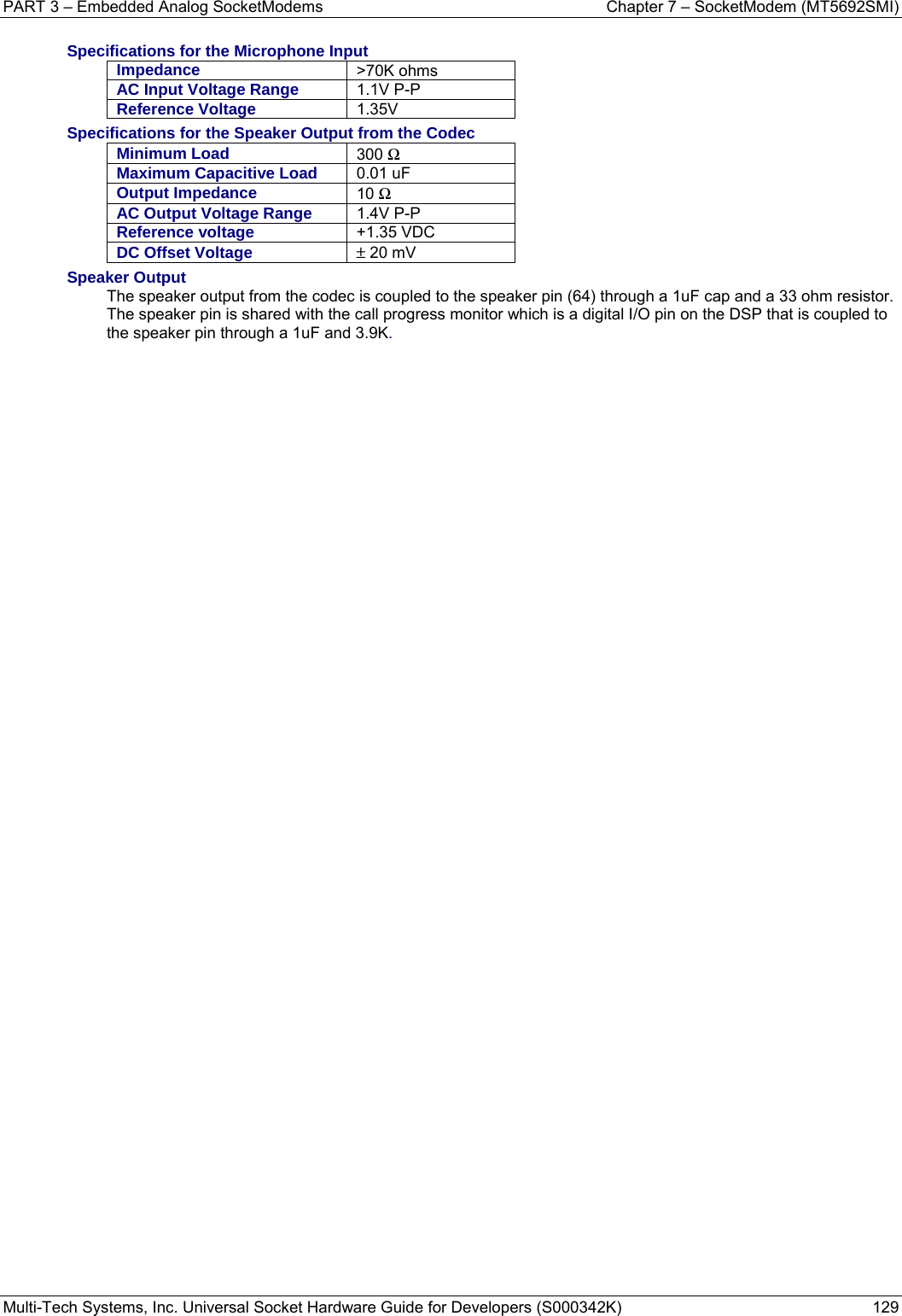 PART 3 – Embedded Analog SocketModems    Chapter 7 – SocketModem (MT5692SMI) Multi-Tech Systems, Inc. Universal Socket Hardware Guide for Developers (S000342K)  129  Specifications for the Microphone Input Impedance  &gt;70K ohms AC Input Voltage Range  1.1V P-P Reference Voltage  1.35V Specifications for the Speaker Output from the Codec Minimum Load  300 Ω Maximum Capacitive Load  0.01 uF Output Impedance  10 Ω AC Output Voltage Range  1.4V P-P Reference voltage  +1.35 VDC DC Offset Voltage  ± 20 mV Speaker Output The speaker output from the codec is coupled to the speaker pin (64) through a 1uF cap and a 33 ohm resistor. The speaker pin is shared with the call progress monitor which is a digital I/O pin on the DSP that is coupled to the speaker pin through a 1uF and 3.9K.    