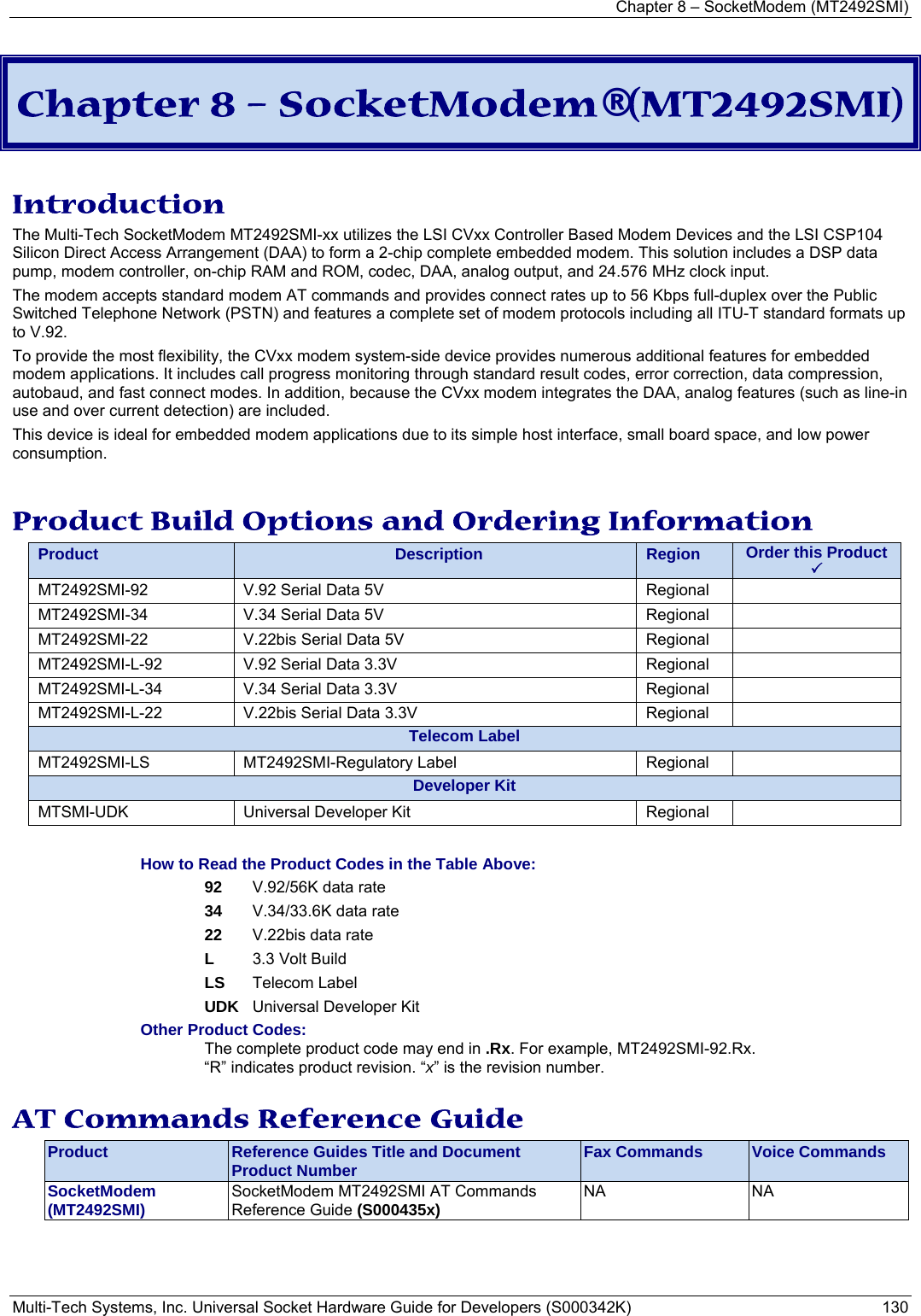 Chapter 8 – SocketModem (MT2492SMI) Multi-Tech Systems, Inc. Universal Socket Hardware Guide for Developers (S000342K)  130   Chapter 8 – SocketModem® (MT2492SMI)  Introduction The Multi-Tech SocketModem MT2492SMI-xx utilizes the LSI CVxx Controller Based Modem Devices and the LSI CSP104 Silicon Direct Access Arrangement (DAA) to form a 2-chip complete embedded modem. This solution includes a DSP data pump, modem controller, on-chip RAM and ROM, codec, DAA, analog output, and 24.576 MHz clock input.  The modem accepts standard modem AT commands and provides connect rates up to 56 Kbps full-duplex over the Public Switched Telephone Network (PSTN) and features a complete set of modem protocols including all ITU-T standard formats up to V.92.  To provide the most flexibility, the CVxx modem system-side device provides numerous additional features for embedded modem applications. It includes call progress monitoring through standard result codes, error correction, data compression, autobaud, and fast connect modes. In addition, because the CVxx modem integrates the DAA, analog features (such as line-in use and over current detection) are included.  This device is ideal for embedded modem applications due to its simple host interface, small board space, and low power consumption.   Product Build Options and Ordering Information Product  Description  Region  Order this Product 3MT2492SMI-92  V.92 Serial Data 5V           Regional MT2492SMI-34  V.34 Serial Data 5V           Regional MT2492SMI-22  V.22bis Serial Data 5V       Regional MT2492SMI-L-92  V.92 Serial Data 3.3V       Regional   MT2492SMI-L-34  V.34 Serial Data 3.3V       Regional   MT2492SMI-L-22  V.22bis Serial Data 3.3V        Regional   Telecom Label MT2492SMI-LS MT2492SMI-Regulatory Label  Regional  Developer KitMTSMI-UDK  Universal Developer Kit  Regional    How to Read the Product Codes in the Table Above: 92  V.92/56K data rate 34  V.34/33.6K data rate 22  V.22bis data rate L  3.3 Volt Build LS Telecom Label UDK  Universal Developer Kit Other Product Codes: The complete product code may end in .Rx. For example, MT2492SMI-92.Rx.   “R” indicates product revision. “x” is the revision number.  AT Commands Reference Guide Product  Reference Guides Title and Document Product Number  Fax Commands  Voice Commands SocketModem  (MT2492SMI)  SocketModem MT2492SMI AT Commands Reference Guide (S000435x)   NA NA    