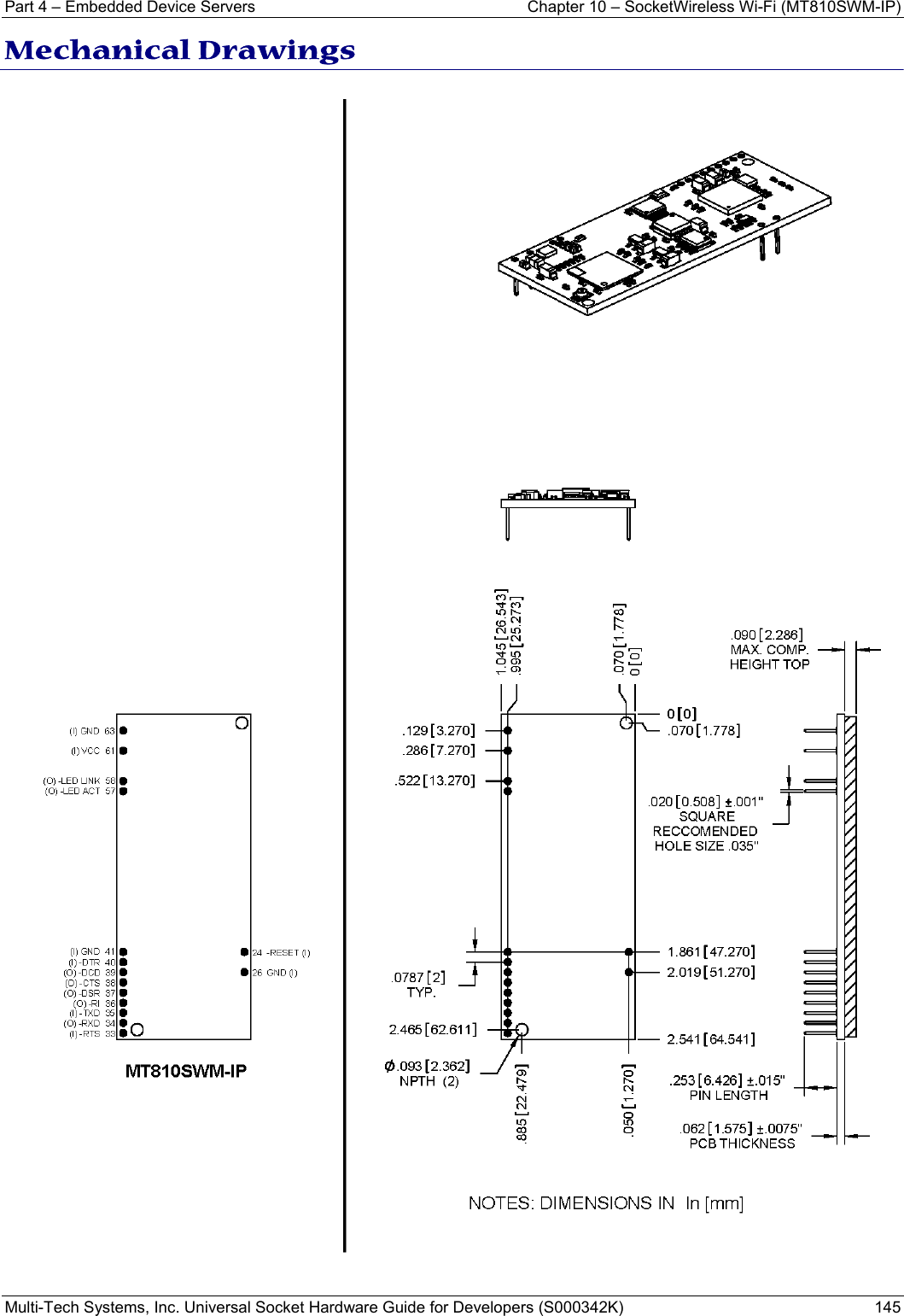 Part 4 – Embedded Device Servers  Chapter 10 – SocketWireless Wi-Fi (MT810SWM-IP) Multi-Tech Systems, Inc. Universal Socket Hardware Guide for Developers (S000342K)  145  Mechanical Drawings  